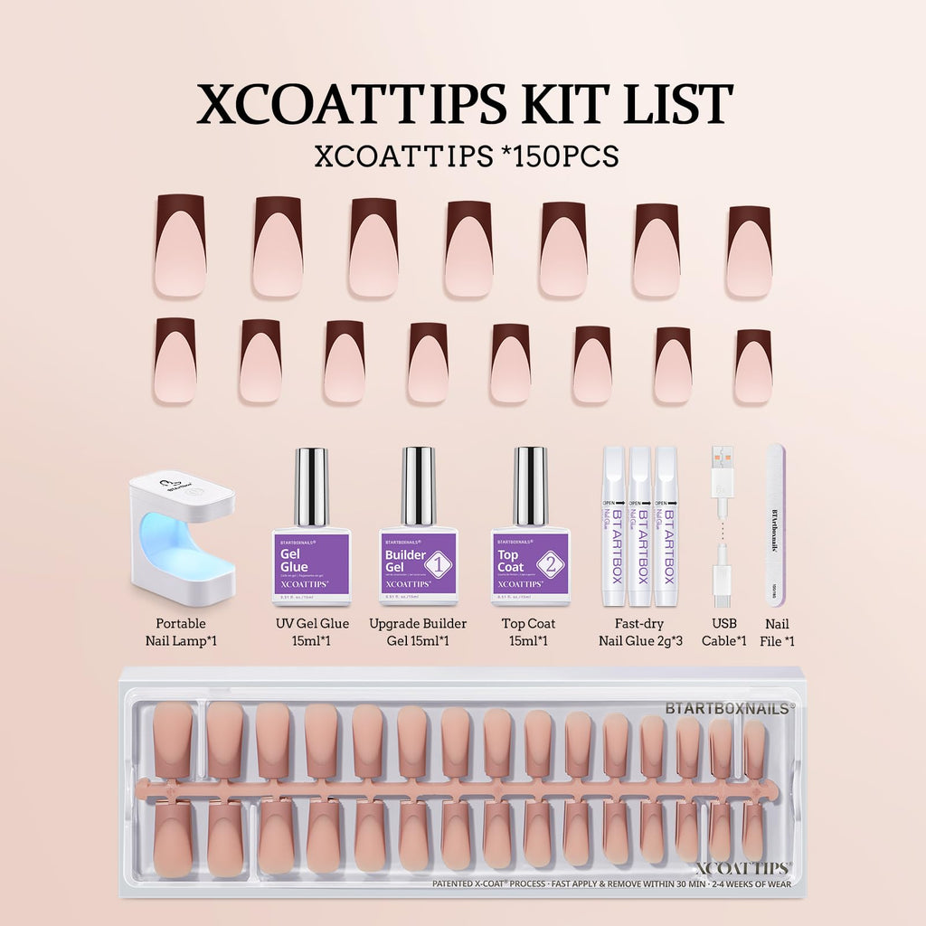 BTArtboxnails XCOATTIPS Nails Press Ons – Skin Tone Square Long Gel Tips, All-in-One French Manicure Kit