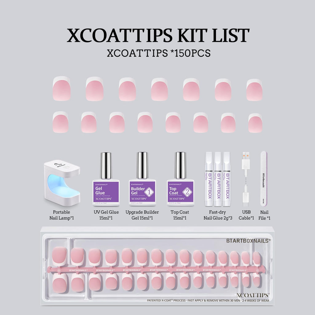 BTArtboxnails XCOATTIPS French Tips Nails – Extra Short Square Press-On Kit with Gel & Lamp