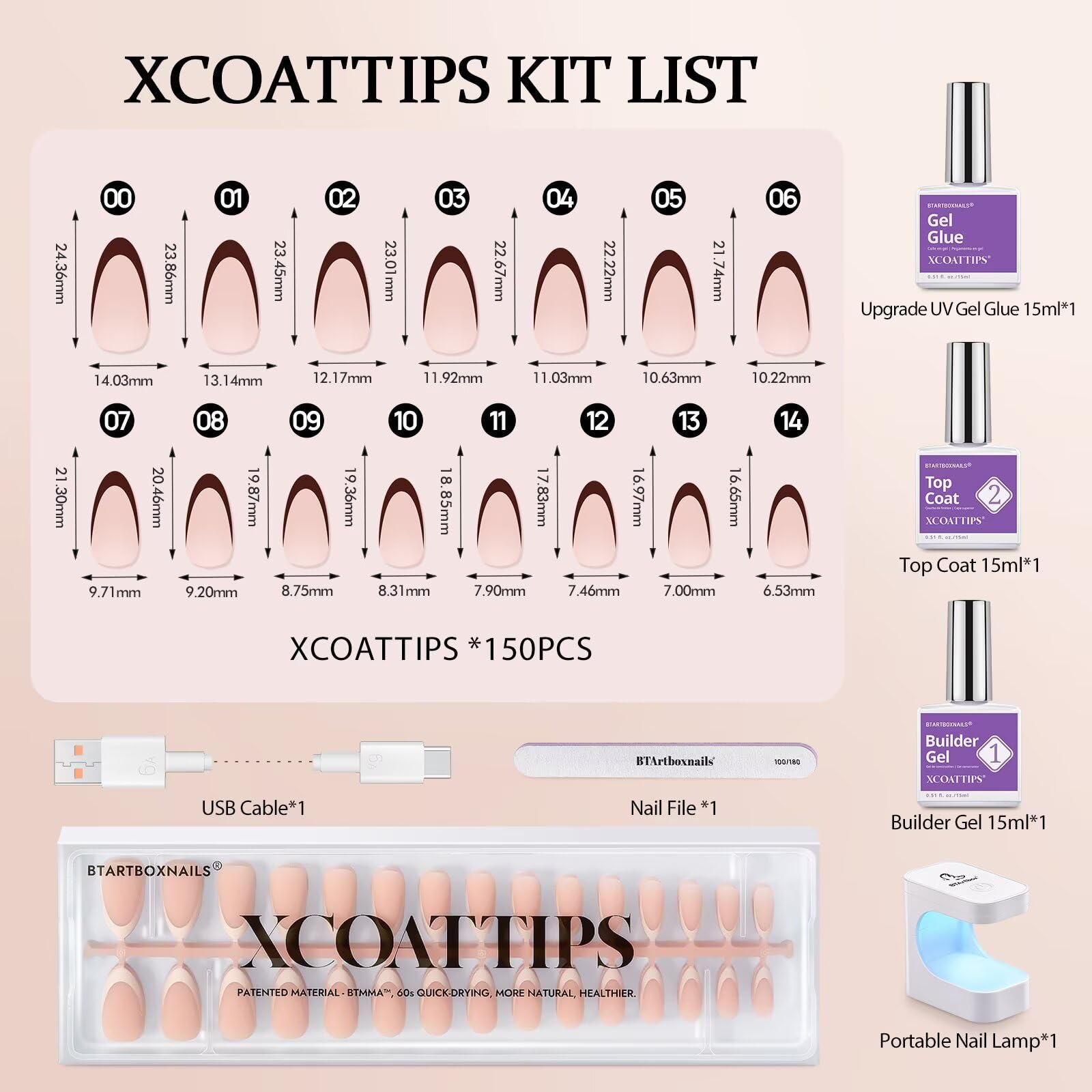 BTArtboxnails XCOATTIPS Almond Press-On Nails – All-in-One French Gel Kit
