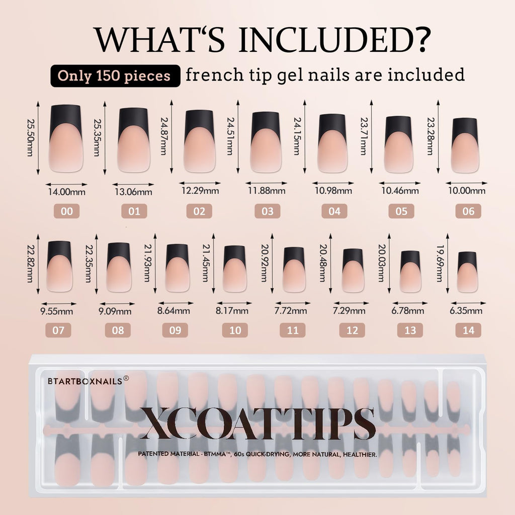 BTArtboxnails XCOATTIPS French Tip Nails – Long Press On Nails, Black Square Tips