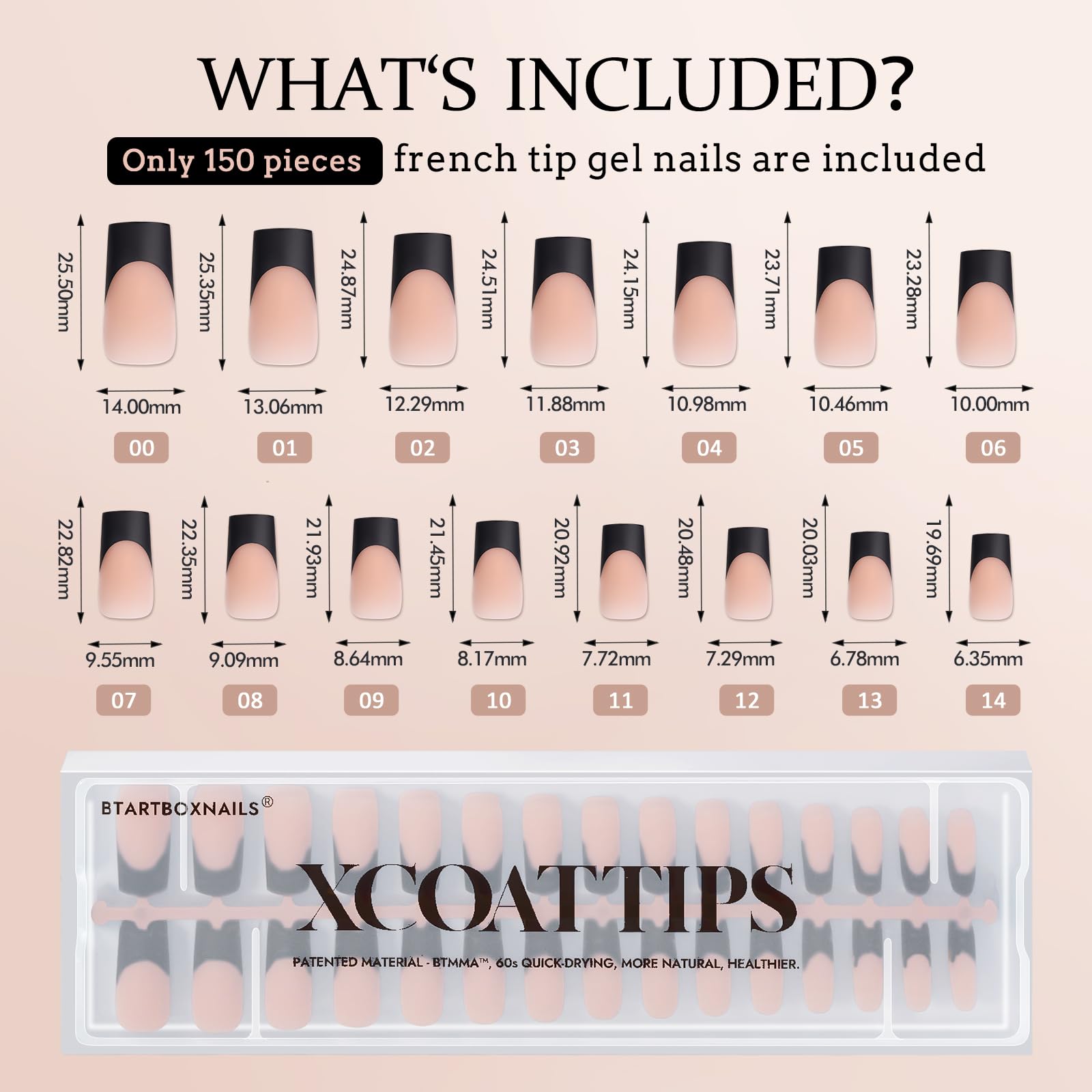 BTArtboxnails XCOATTIPS French Tip Nails – Long Press On Nails, Black Square Tips