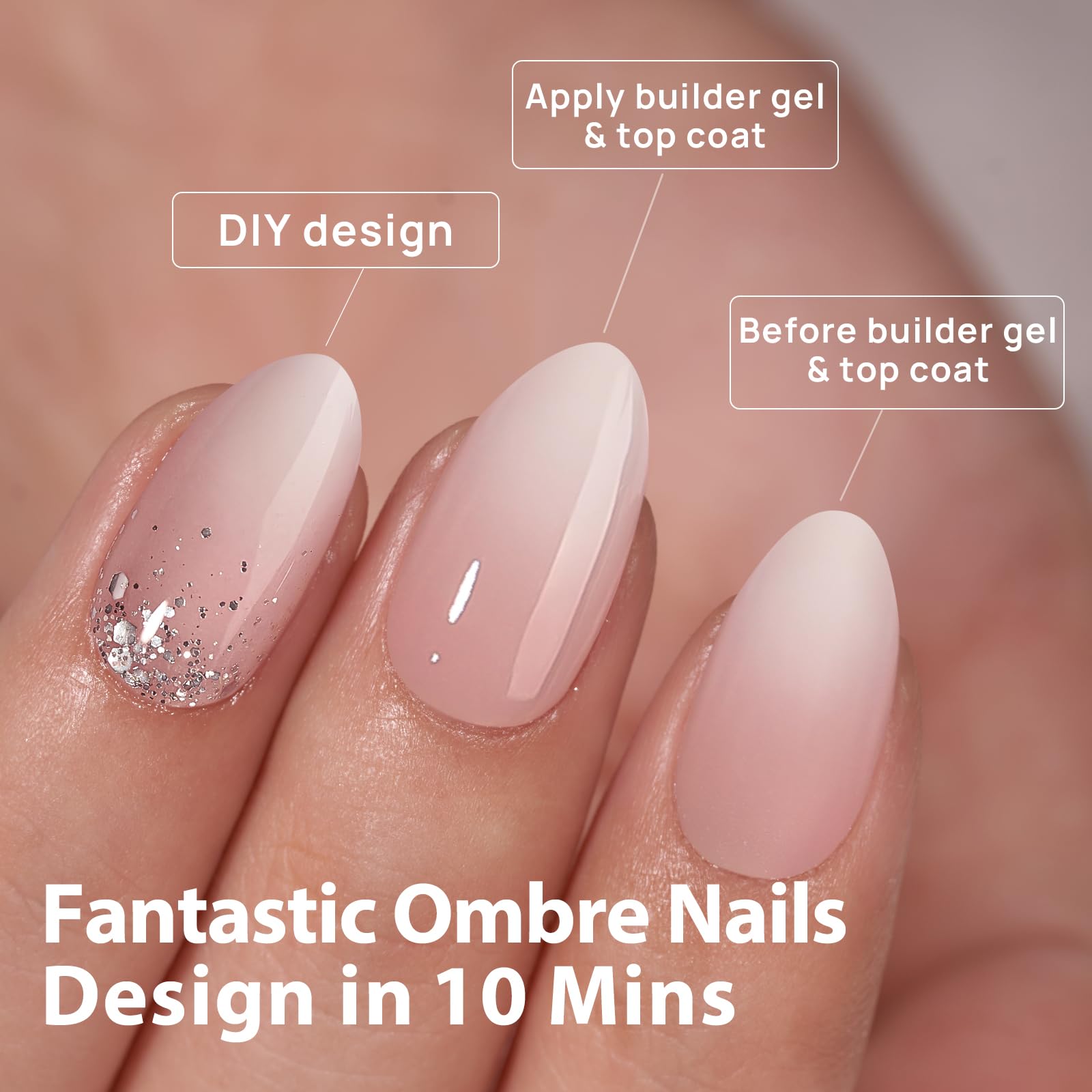 BTArtboxnails XCOATTIPS Ombre Nails - Short Almond Press-On, 160Pcs, 16 Sizes