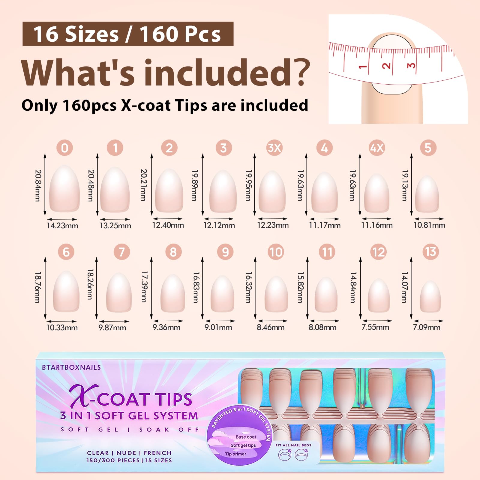 BTArtboxnails XCOATTIPS Ombre Nails - Short Almond Press-On, 160Pcs, 16 Sizes