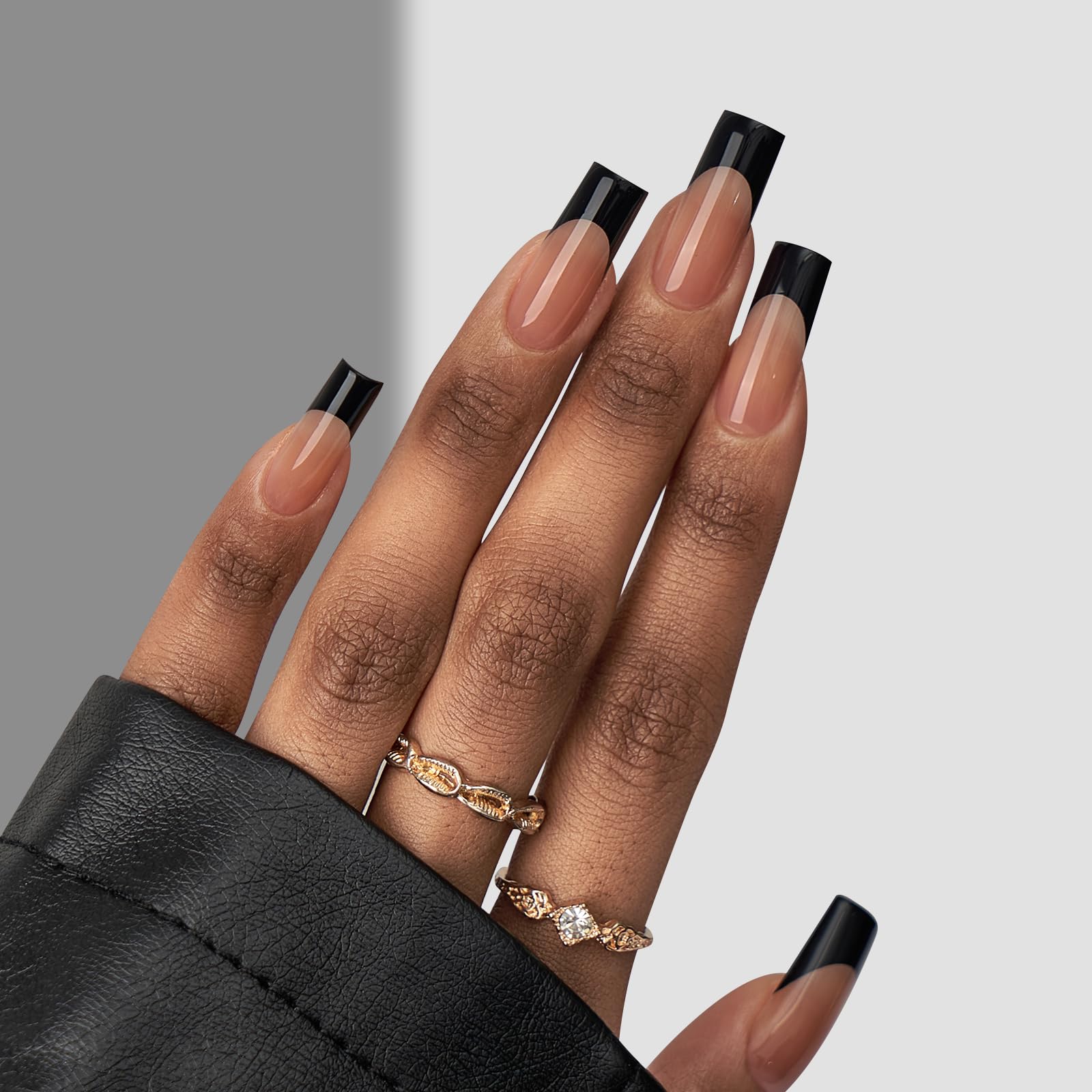 BTArtboxnails XCOATTIPS French Tip Nails – Long Press On Nails, Black Square Tips