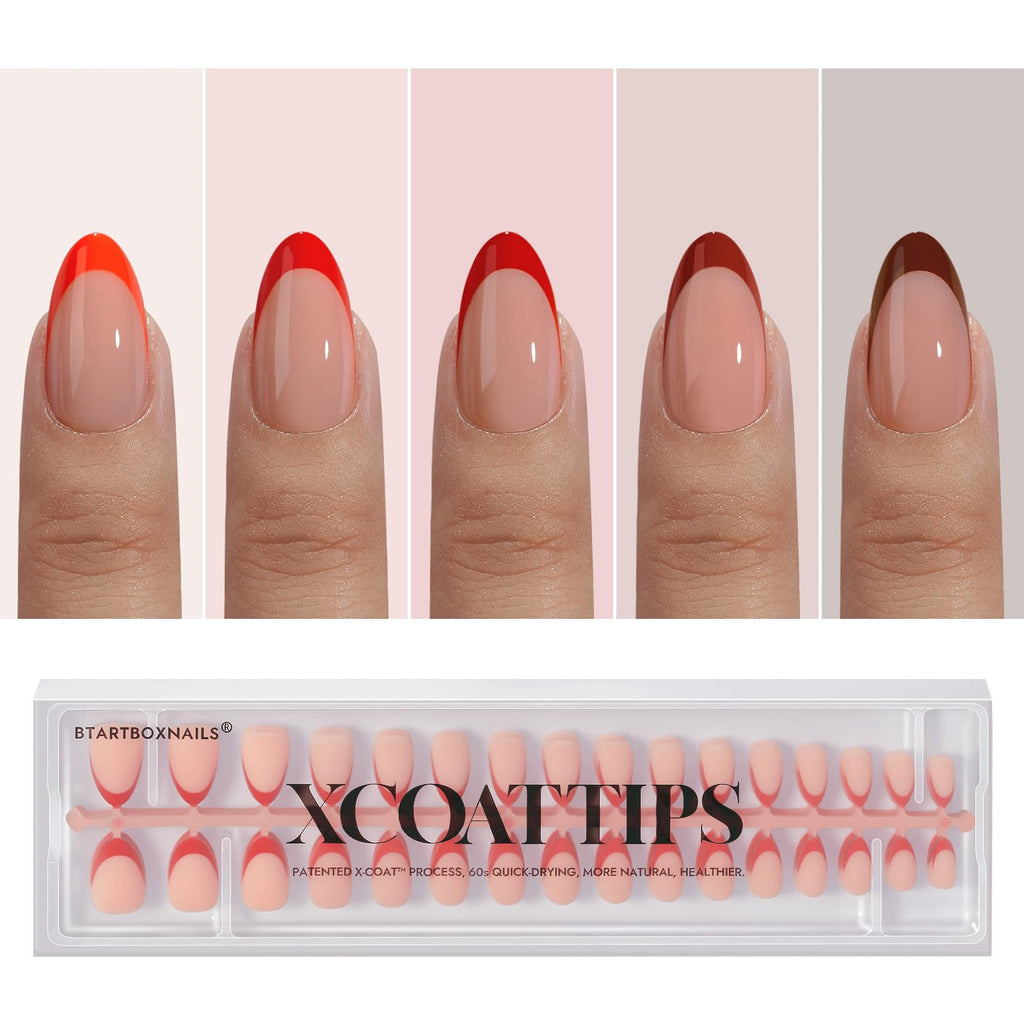 BTArtboxnails XCOATTIPS Red French Tip Press-On Nails – Almond Short Valentines, 160Pcs