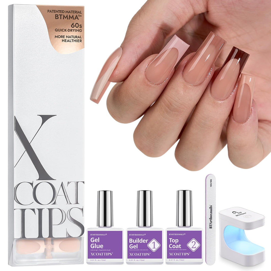 BTArtboxnails XCOATTIPS Nails Press Ons – Skin Tone Square Long Gel Tips, All-in-One French Manicure Kit