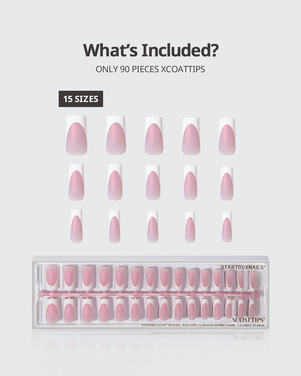 BTArtboxnails XCOATTIPS French Tip Press On Nails – Pink Glitter Base, Long Square, 90 Pcs