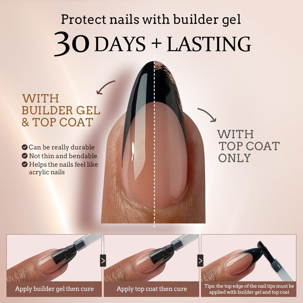 BTArtboxnails XCOATTIPS French Tip Nails – Long Press On Nails, Black Square Tips