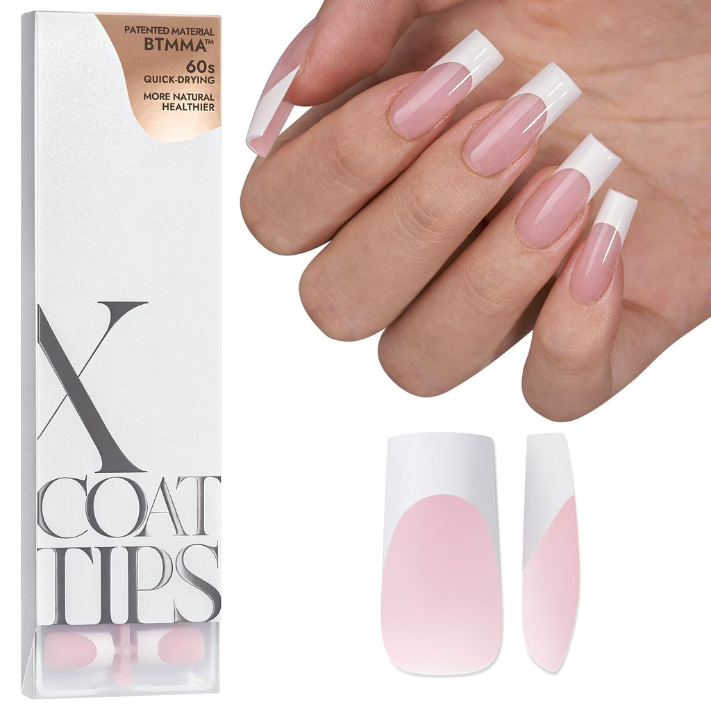 BTArtboxnails XCOATTIPS White French Tip Press-On Nails – Pink Long Square Tips, Soak-Off Extensions