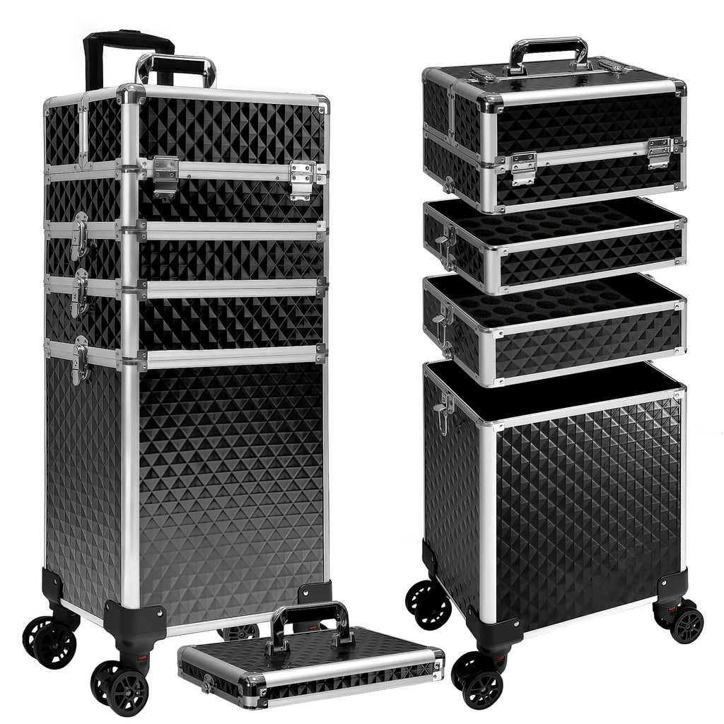 Buanson 5-in-1 Rolling Makeup Train Case — Large Professional Cosmetic Trolley on Wheels (Black)