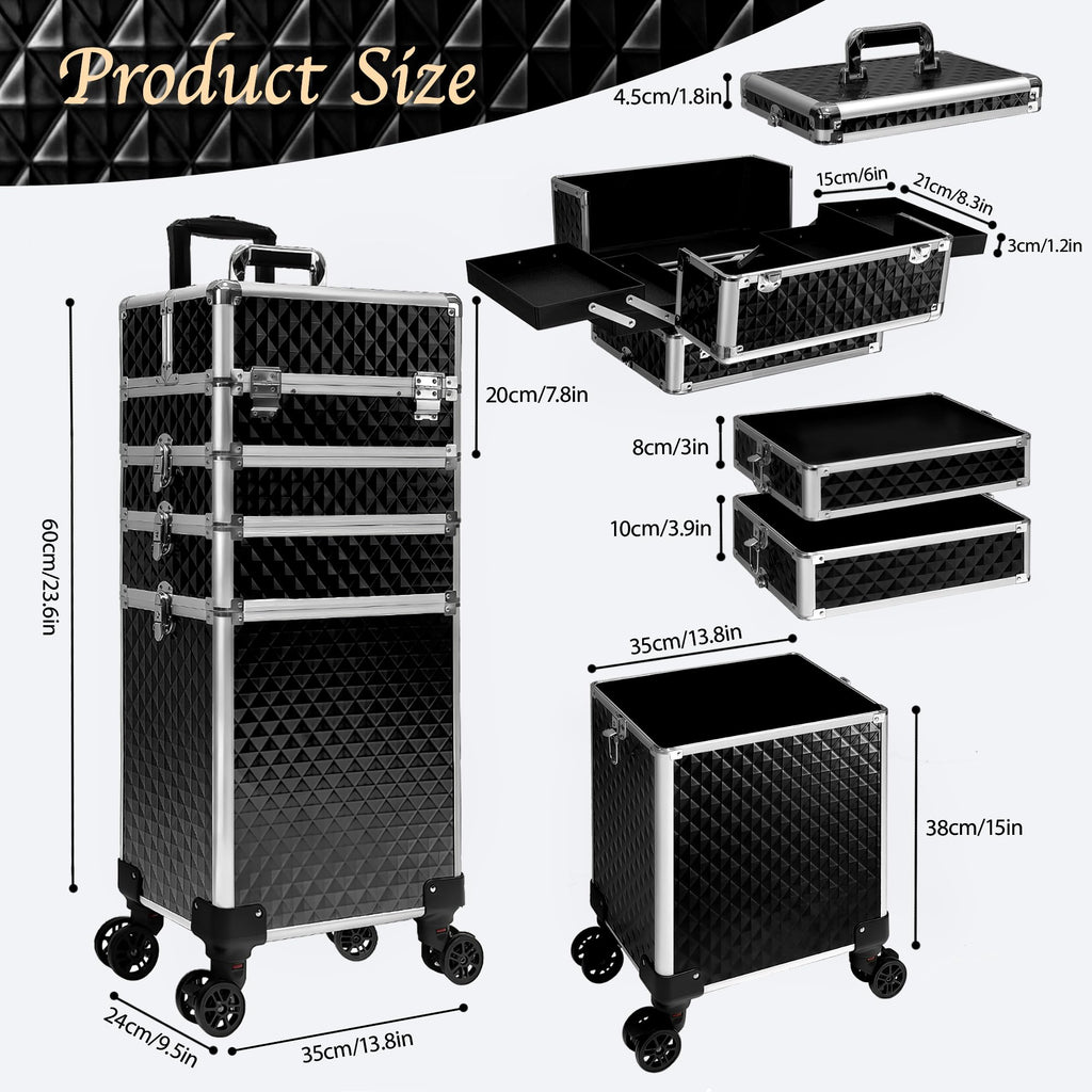 Buanson 5-in-1 Rolling Makeup Train Case — Large Professional Cosmetic Trolley on Wheels (Black)