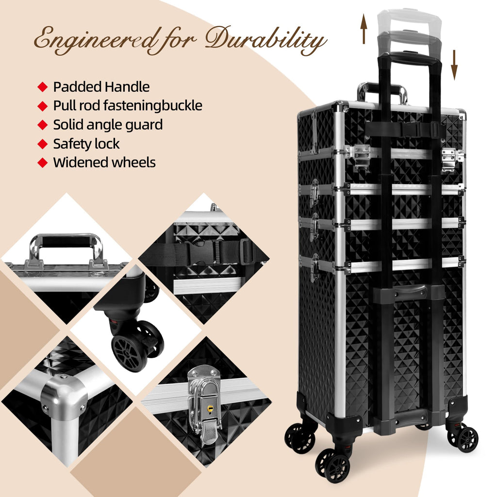 Buanson 5-in-1 Rolling Makeup Train Case — Large Professional Cosmetic Trolley on Wheels (Black)