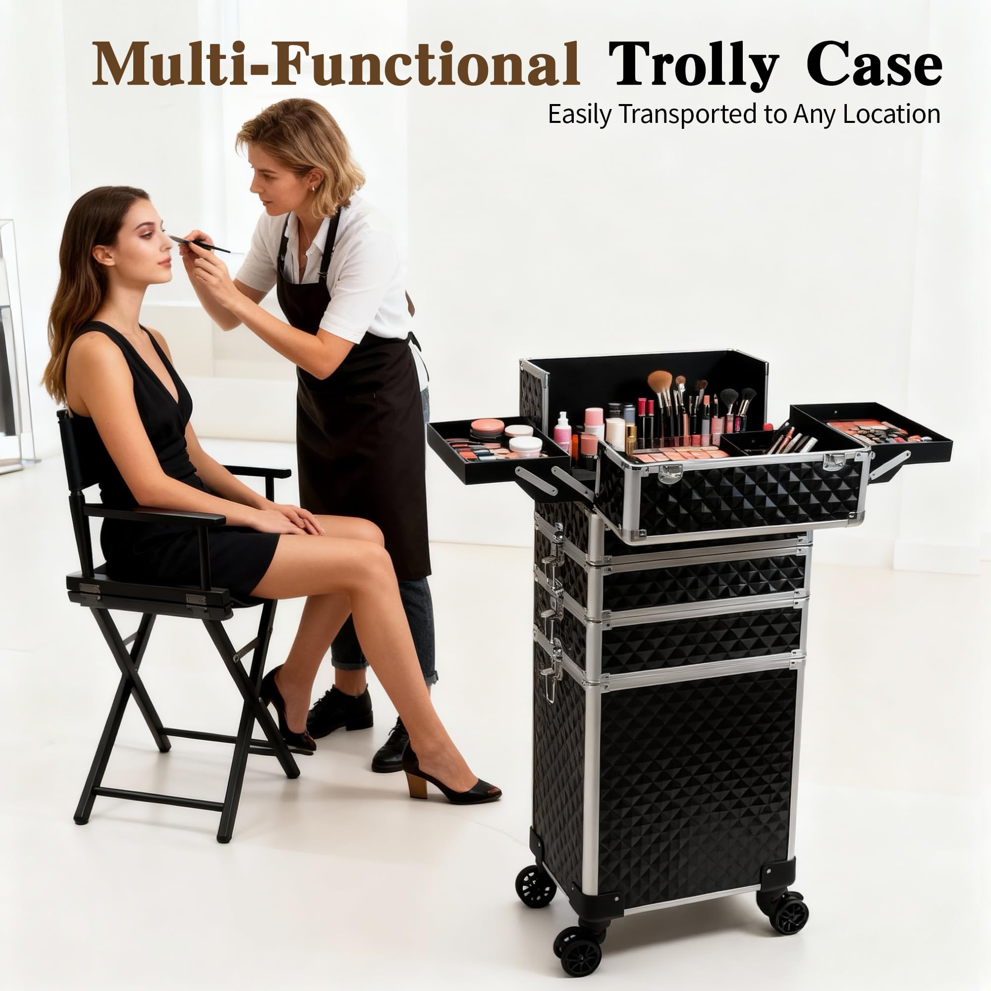 Buanson 5-in-1 Rolling Makeup Train Case — Large Professional Cosmetic Trolley on Wheels (Black)
