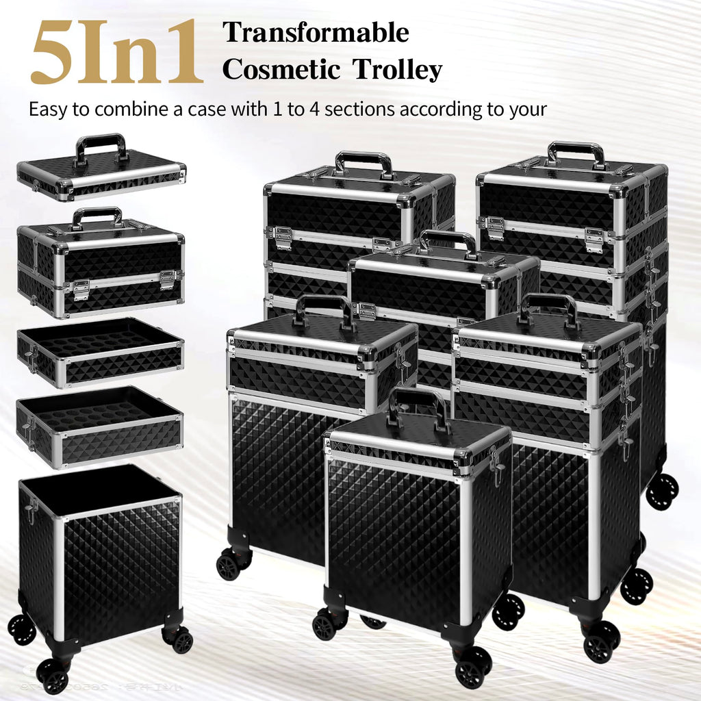 Buanson 5-in-1 Rolling Makeup Train Case — Large Professional Cosmetic Trolley on Wheels (Black)