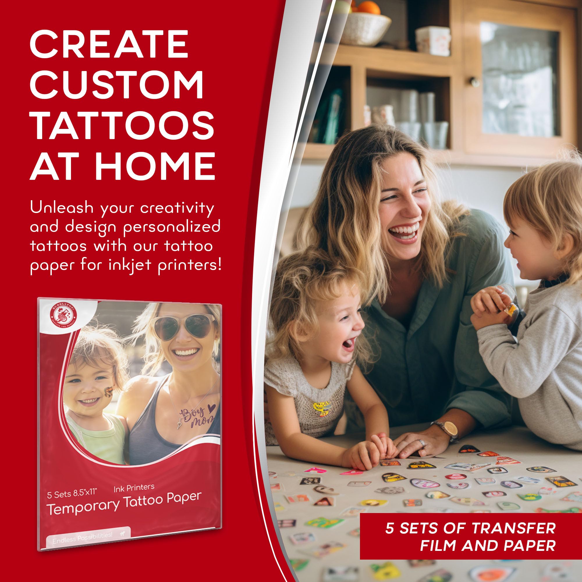 BubblePop! Printable Temporary Tattoo Paper for Inkjet Printer – Skin-Safe, Water-Resistant, 5-Sheet Pack (8.5x11 in)
