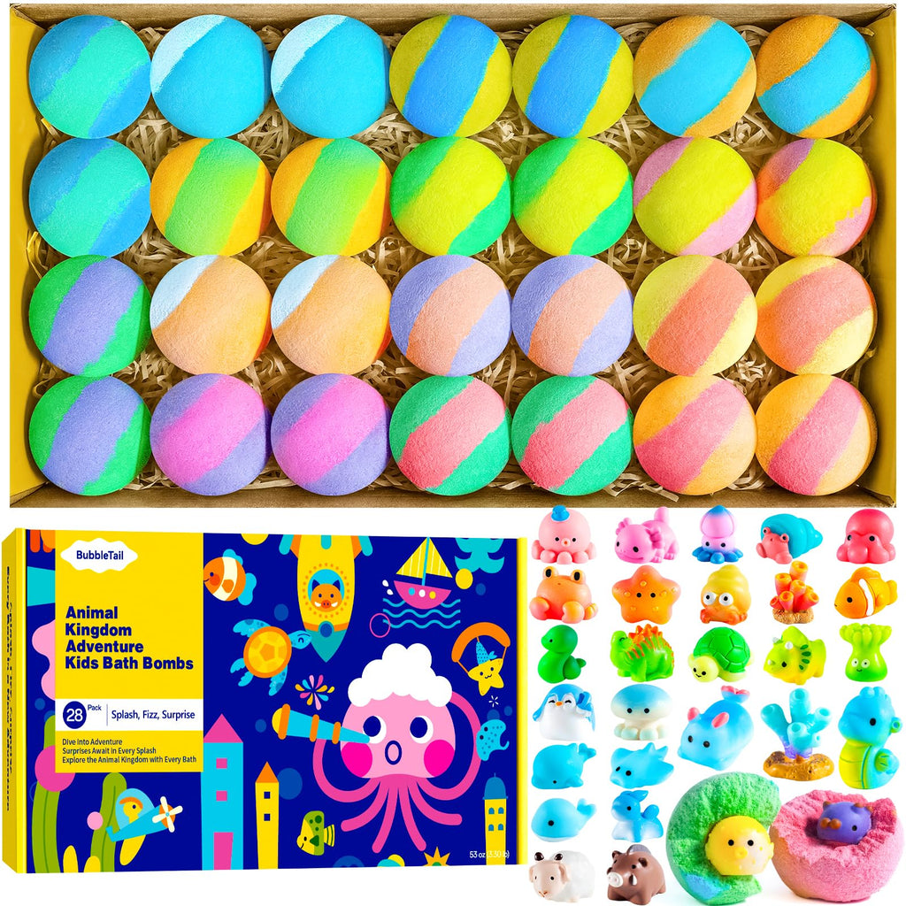 BubbleTail Kids Bath Bombs – 28 Surprises, 14 Scents, Safe & Colorful Bath Fun