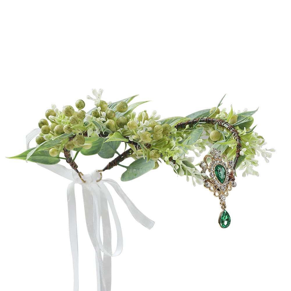 Bubbmi Green Flower Wreath Fairy Headband with Pendant | Woodland Elf Cosplay & Bridal Headpiece