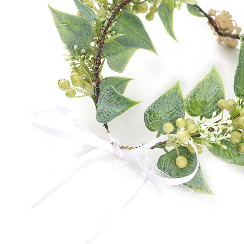 Bubbmi Green Flower Wreath Fairy Headband with Pendant | Woodland Elf Cosplay & Bridal Headpiece