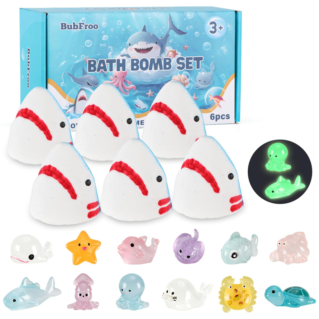 BubFroo Shark Bath Bombs for Kids – 6 Pack with Surprise Glow-in-the-Dark Toys