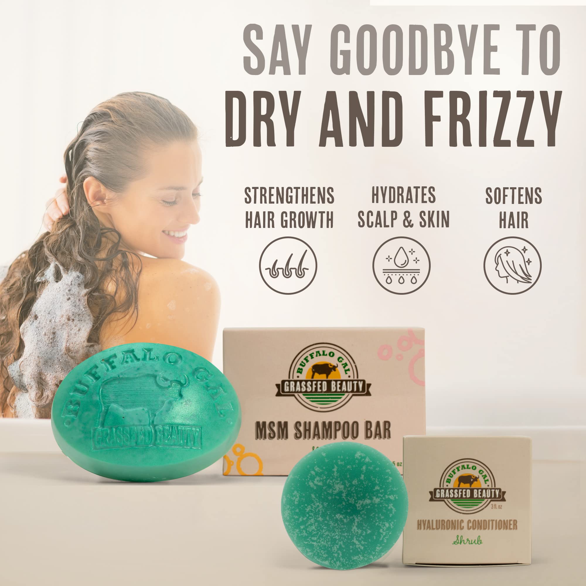 Buffalo Gal MSM & Tallow Shampoo Bar + Hyaluronic & Tallow Conditioner Bar – Solid Hair Care Set