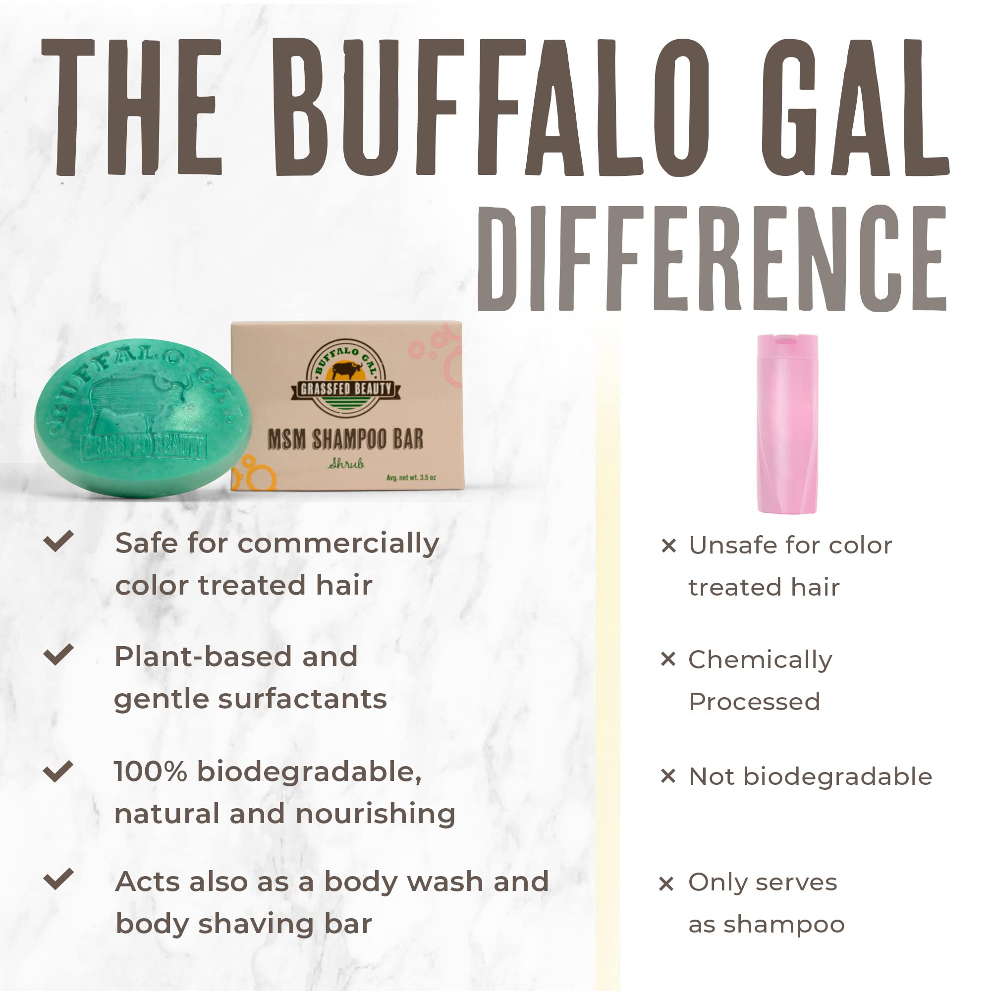 BUFFALO GAL MSM Shampoo Bar – Non-Soap, pH-Balanced, All Hair Types, 4 oz
