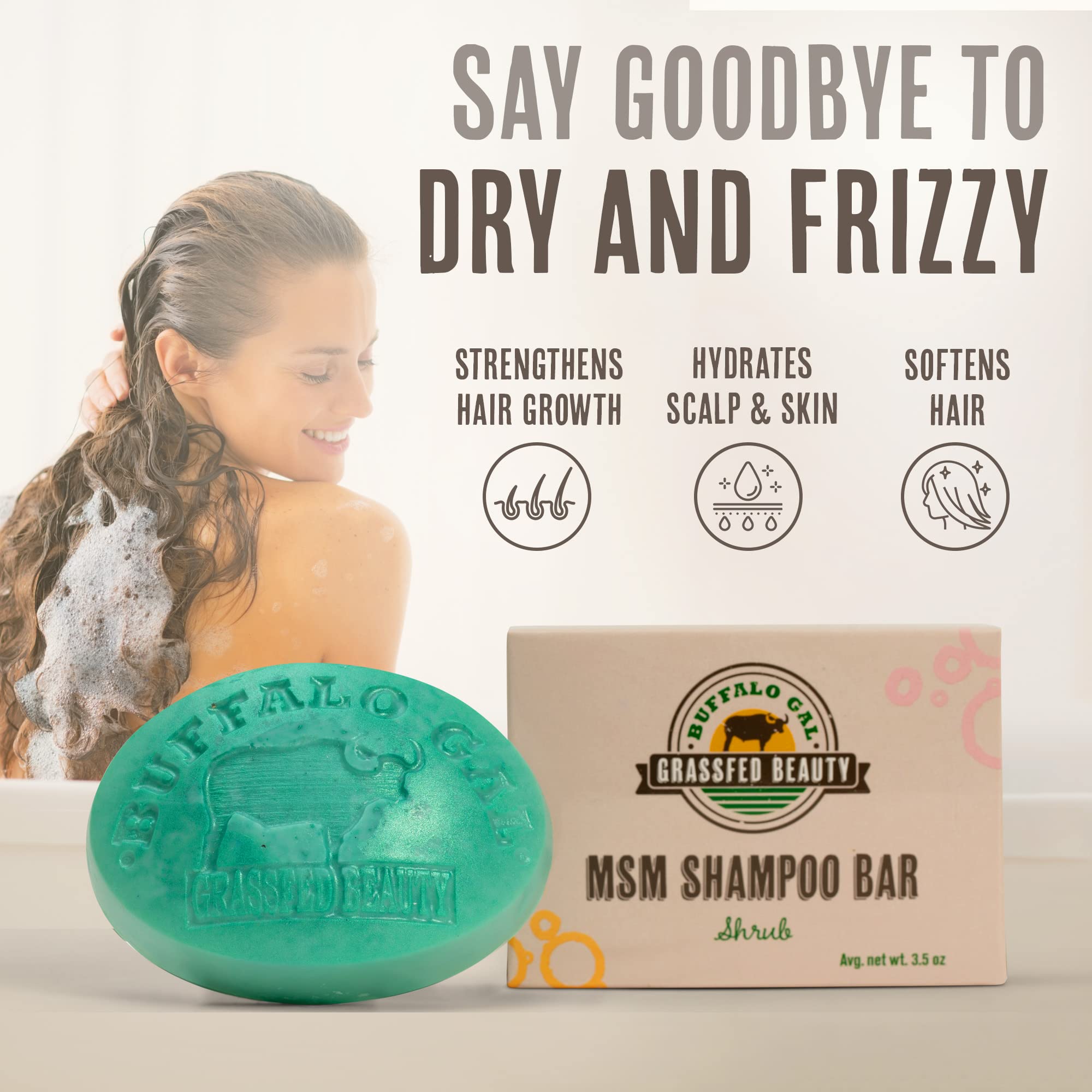 BUFFALO GAL MSM Shampoo Bar – Non-Soap, pH-Balanced, All Hair Types, 4 oz