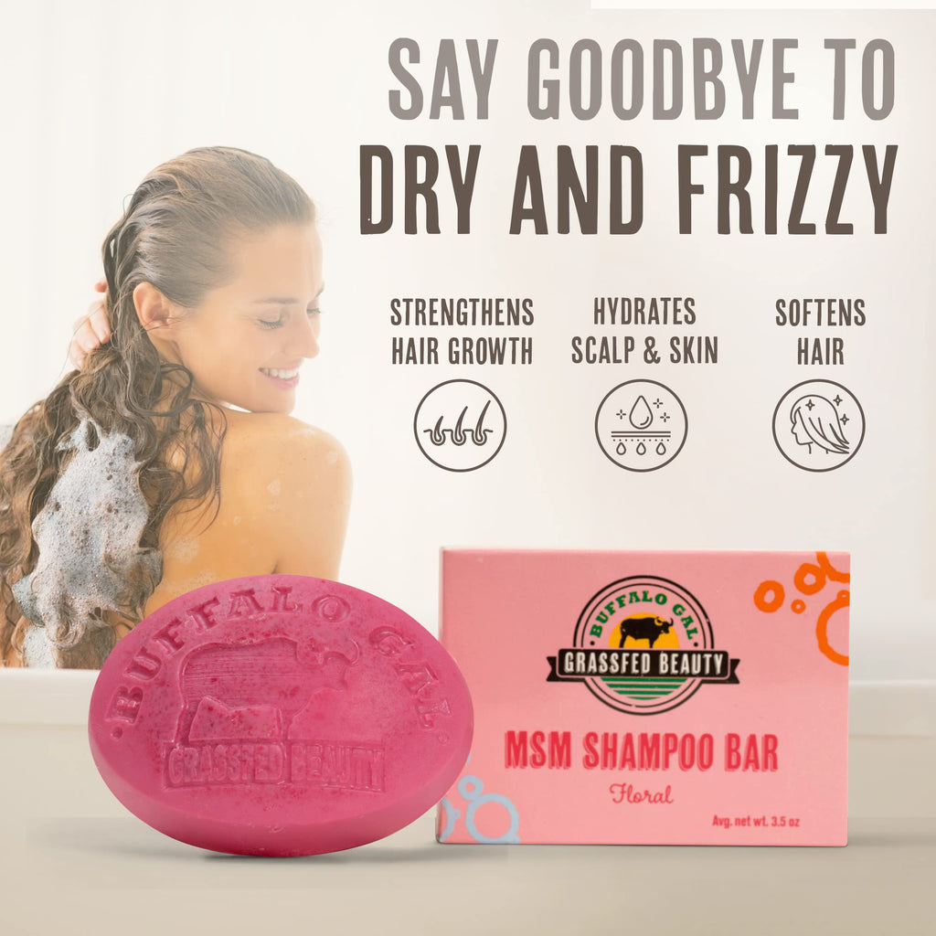 BUFFALO GAL MSM Shampoo Bar – Natural, pH-Balanced, Non-Soap for All Hair Types | Floral Scent, 4 oz