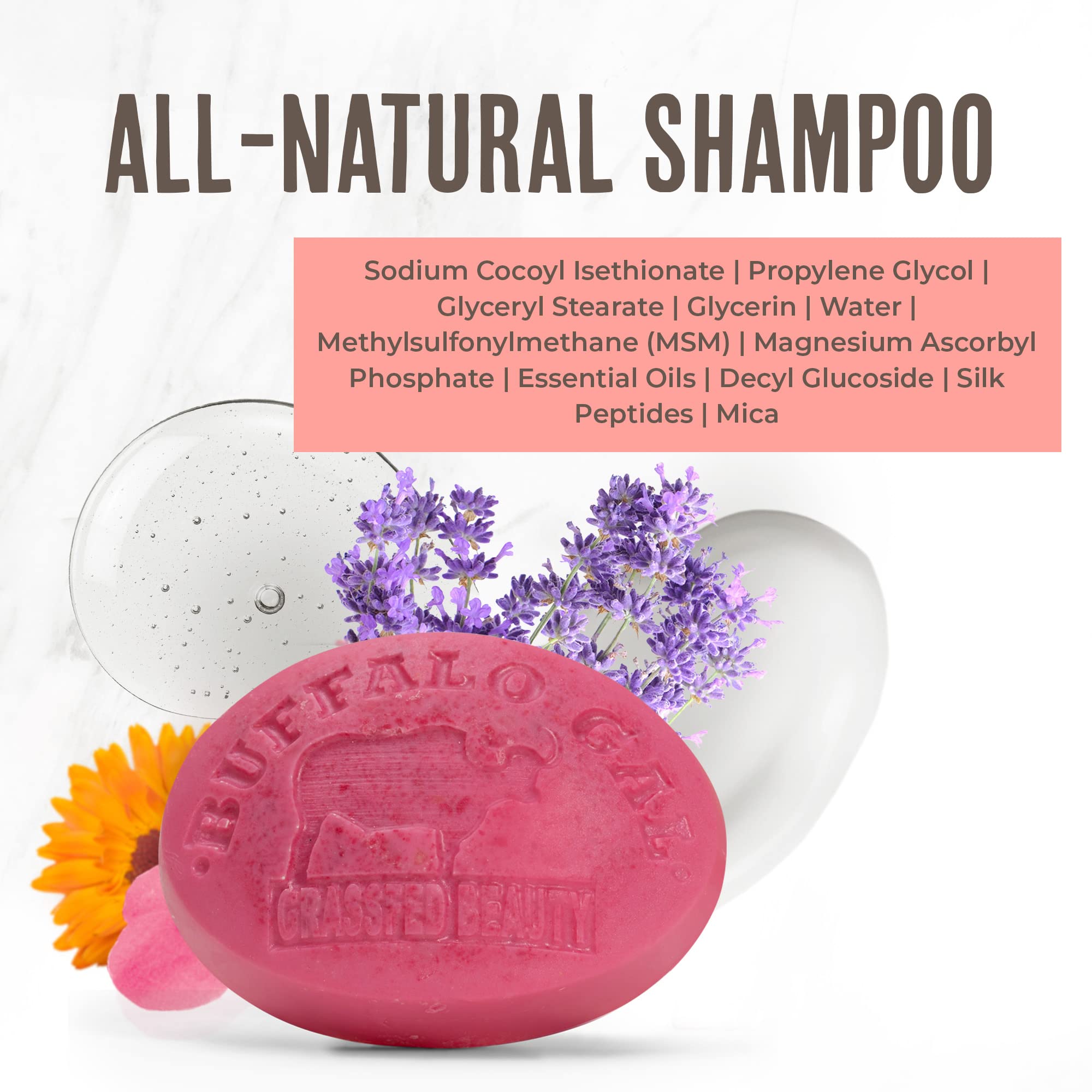 BUFFALO GAL MSM Shampoo Bar – Natural, pH-Balanced, Non-Soap for All Hair Types | Floral Scent, 4 oz