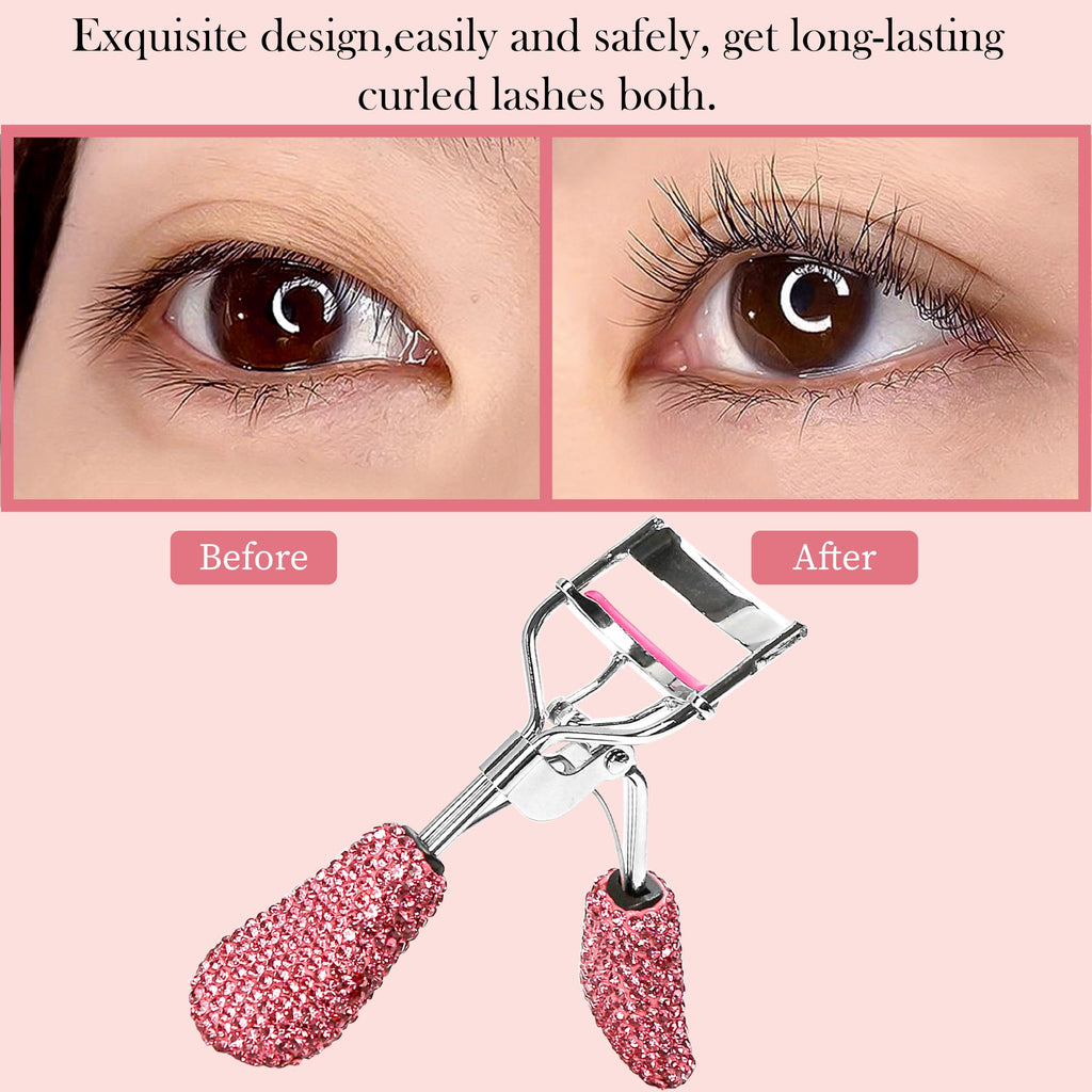 BuleVina Pink Lash Curler with Slant Tip Tweezer – Crystal Rhinestone Lash Curlers