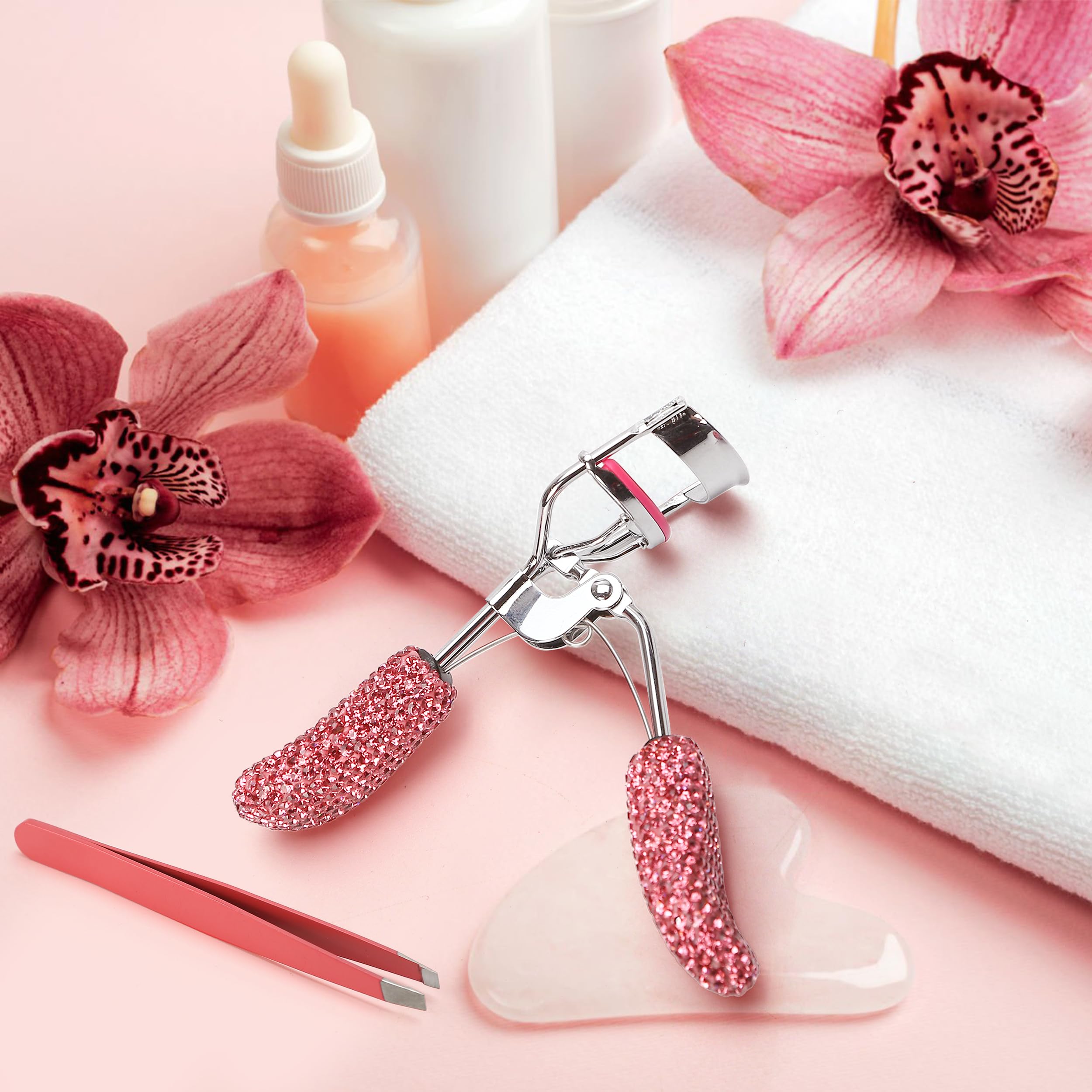 BuleVina Pink Lash Curler with Slant Tip Tweezer – Crystal Rhinestone Lash Curlers
