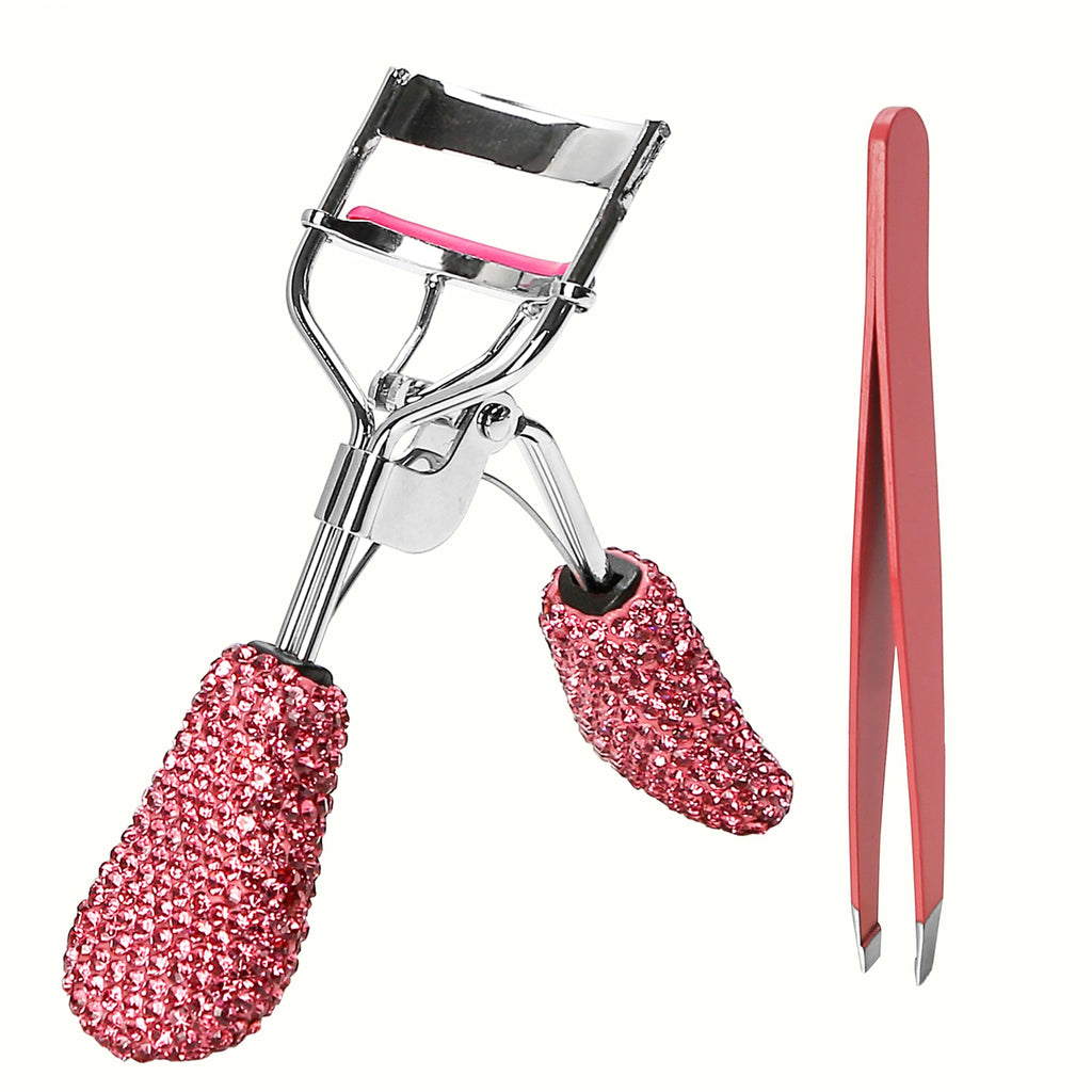 BuleVina Pink Lash Curler with Slant Tip Tweezer – Crystal Rhinestone Lash Curlers