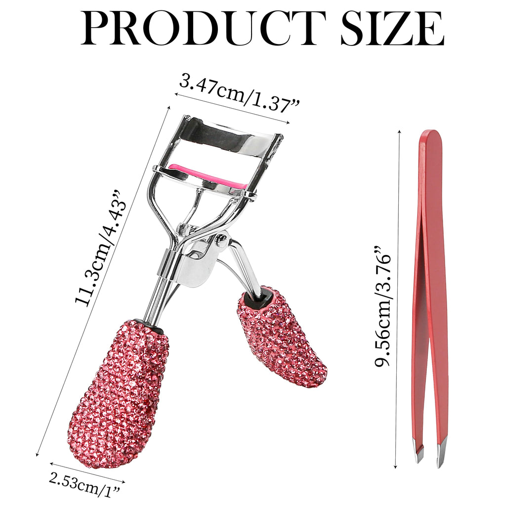 BuleVina Pink Lash Curler with Slant Tip Tweezer – Crystal Rhinestone Lash Curlers