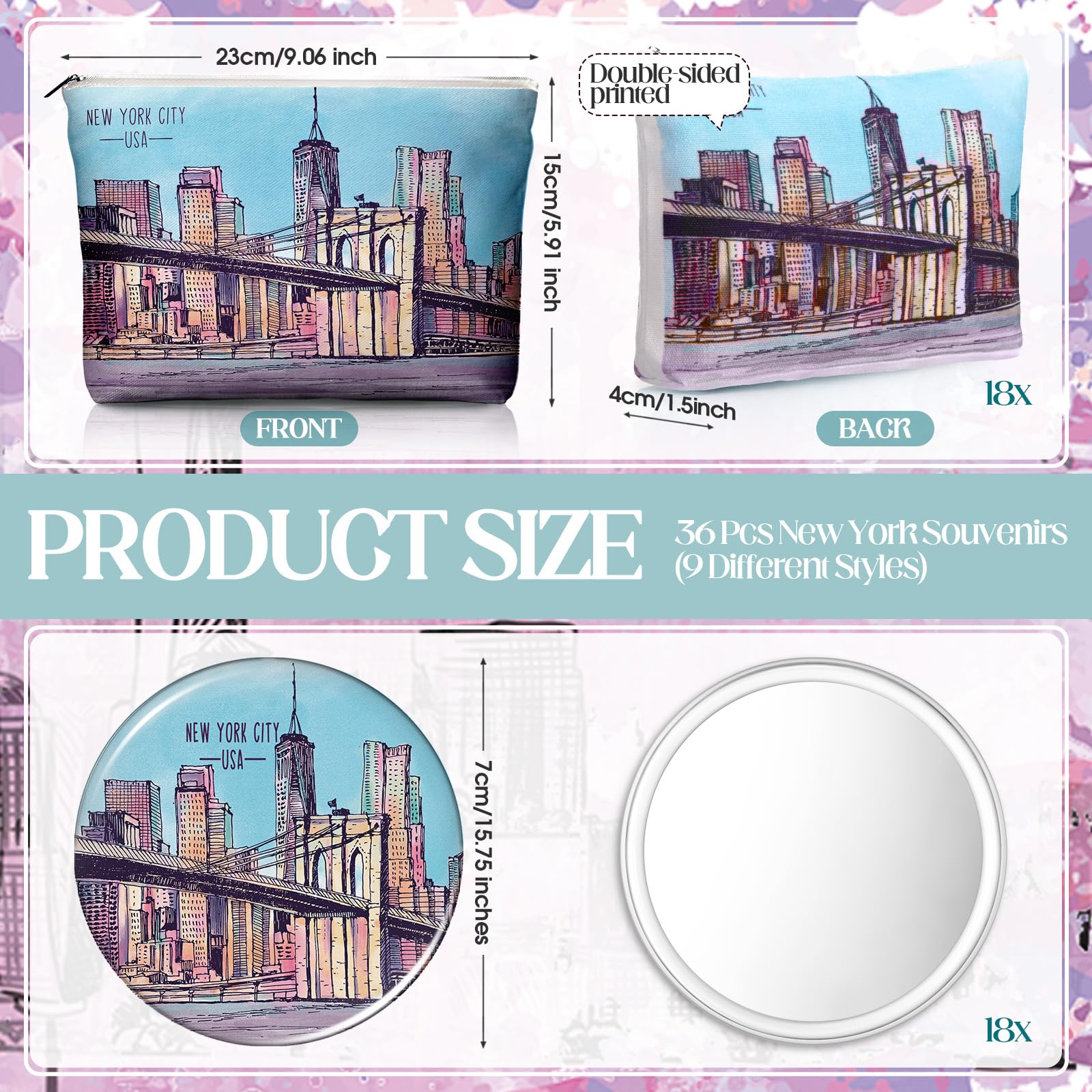 Bulyoou 18-Piece New York City Gift Set - Cosmetic Bags & Compact Mirrors