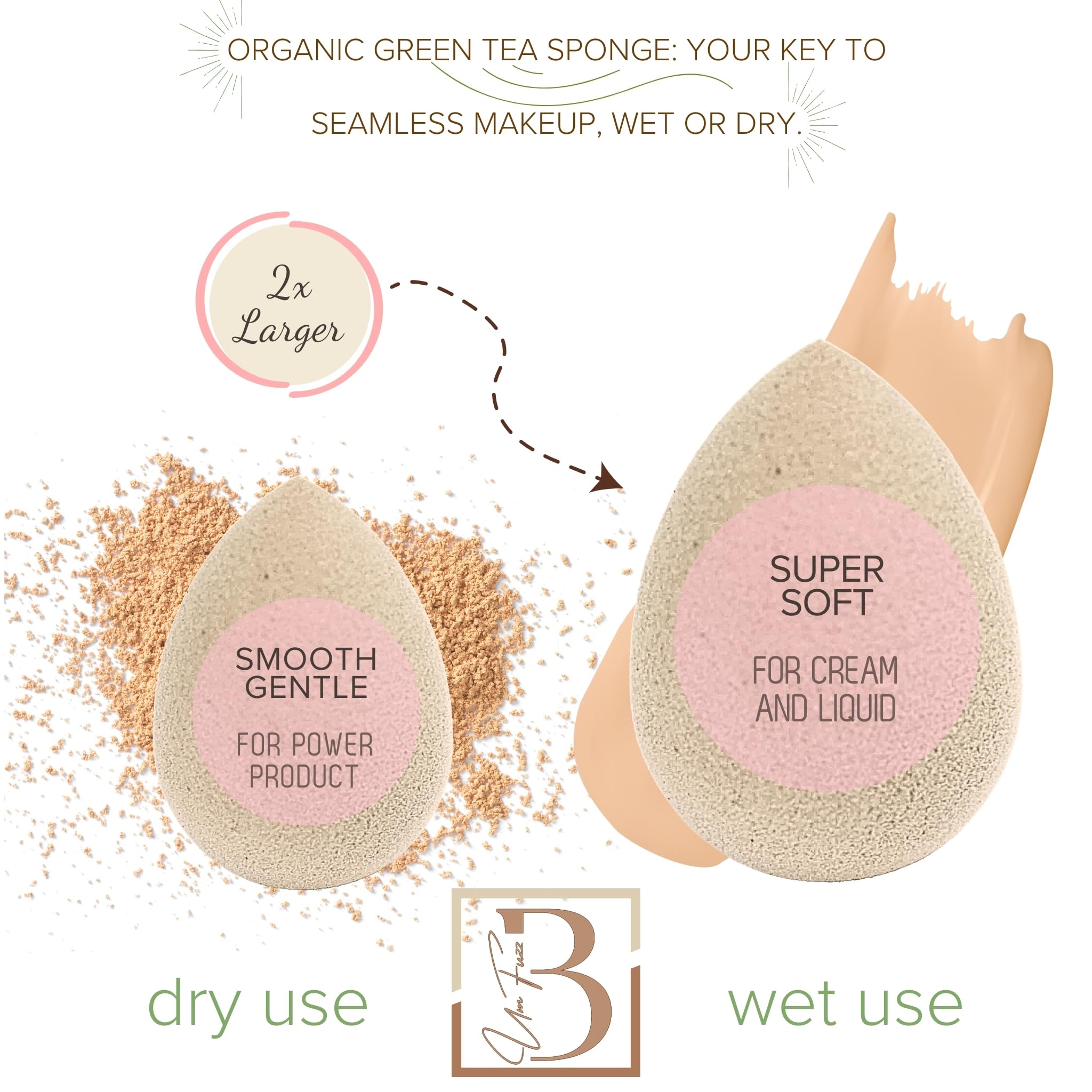 Bumfuzz Green Tea Beauty Sponge – 3-Pack, Plant-Based, Eco-Friendly, Dye-Free & Latex-Free