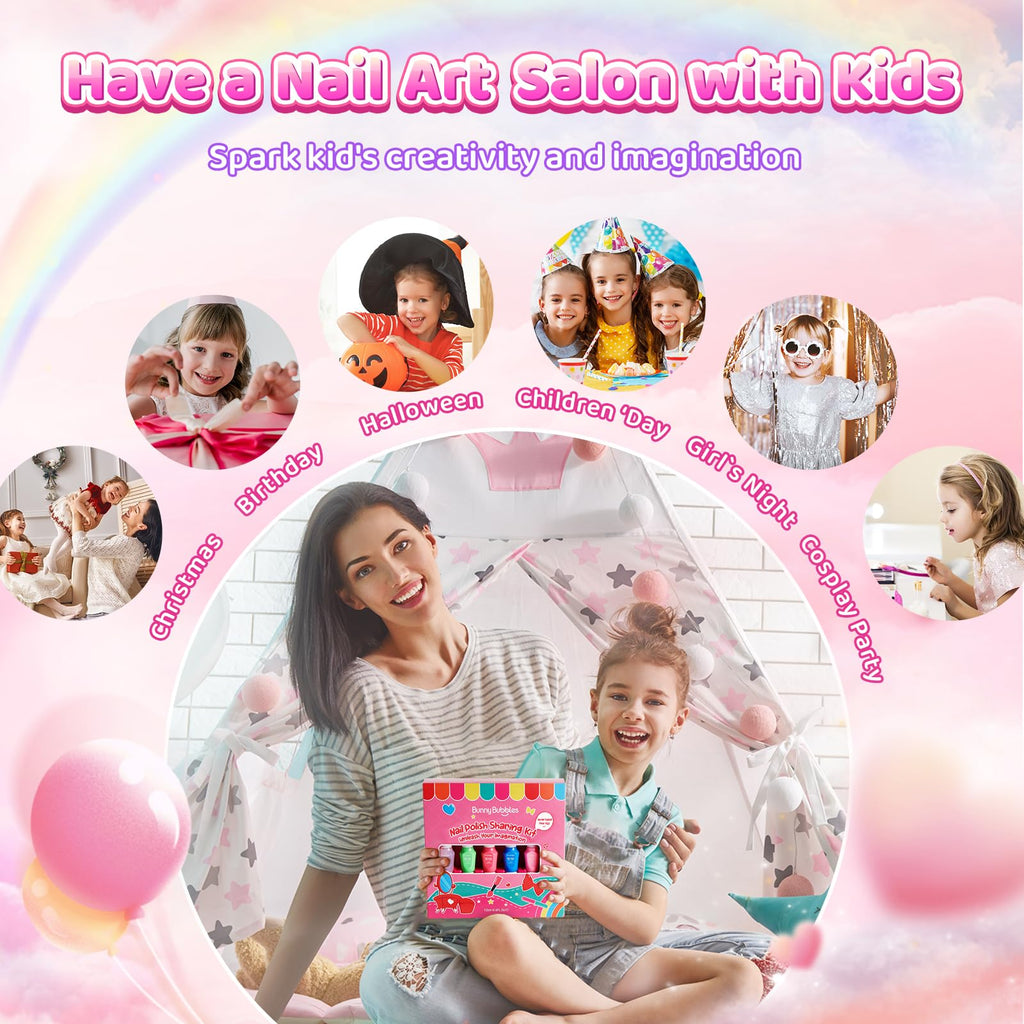 BUNNY BUBBLES Kids Nail Polish Kit – Water-Based Nail Pens, Glitter & 300 Stickers, Gift Set