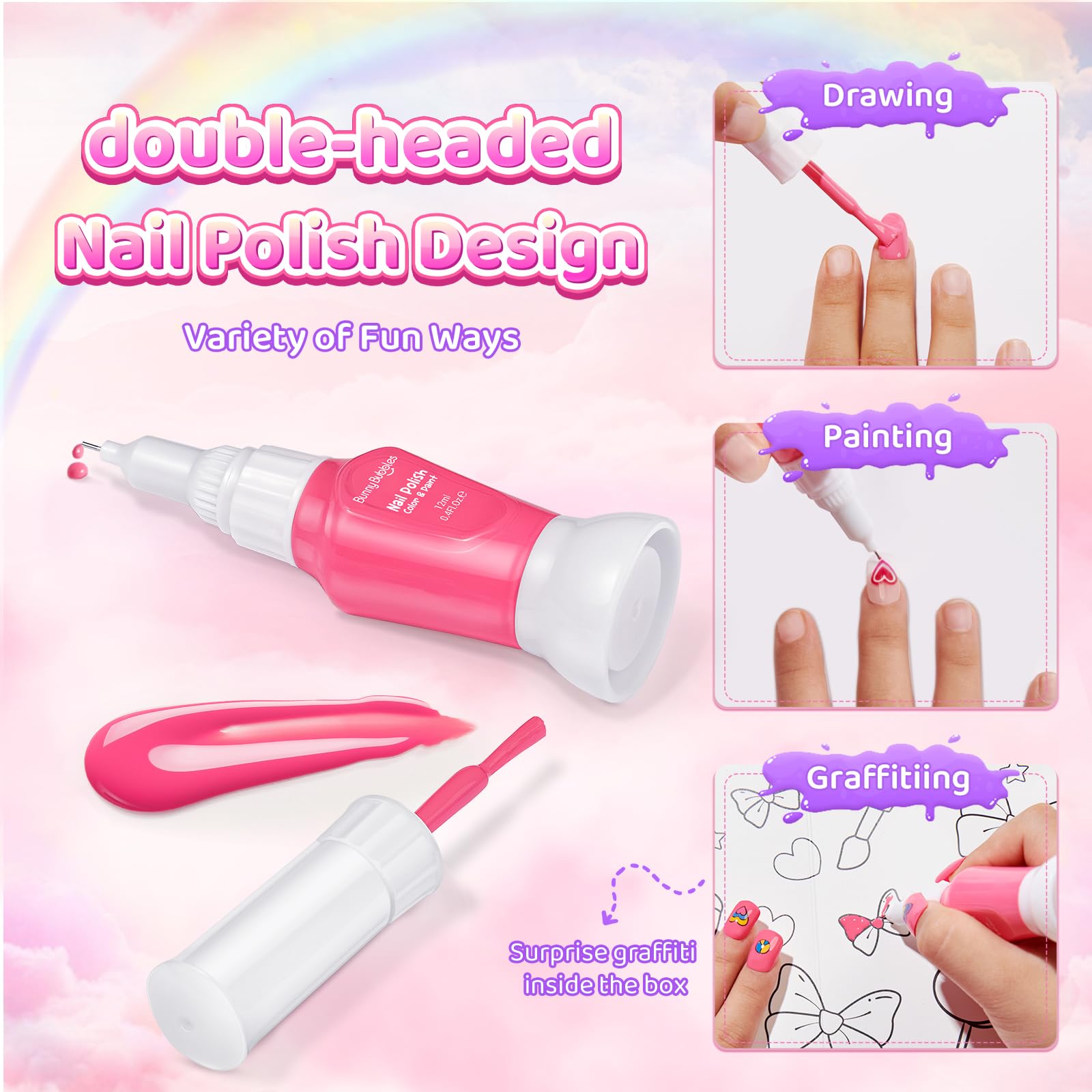 BUNNY BUBBLES Kids Nail Polish Kit – Water-Based Nail Pens, Glitter & 300 Stickers, Gift Set