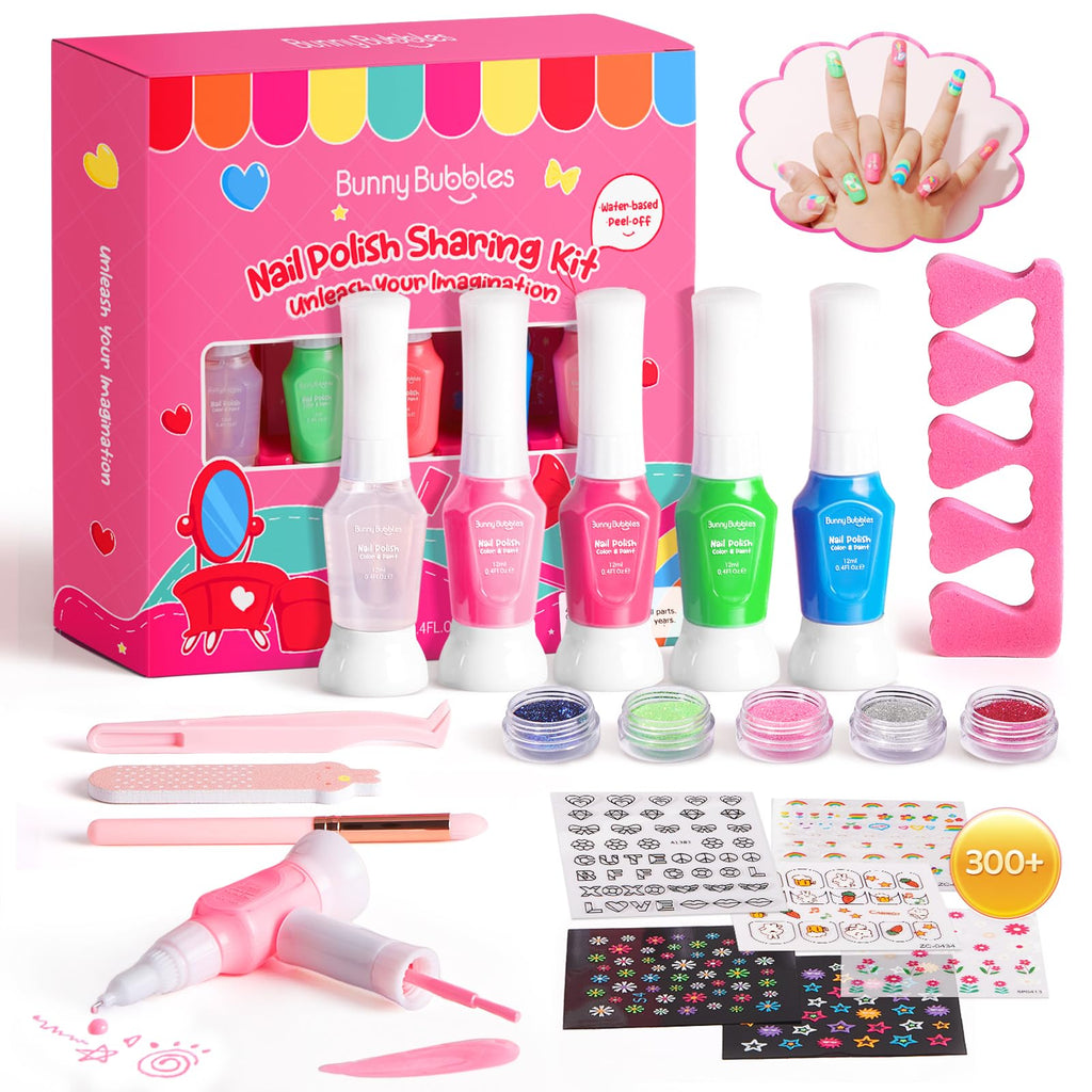 BUNNY BUBBLES Kids Nail Polish Kit – Water-Based Nail Pens, Glitter & 300 Stickers, Gift Set