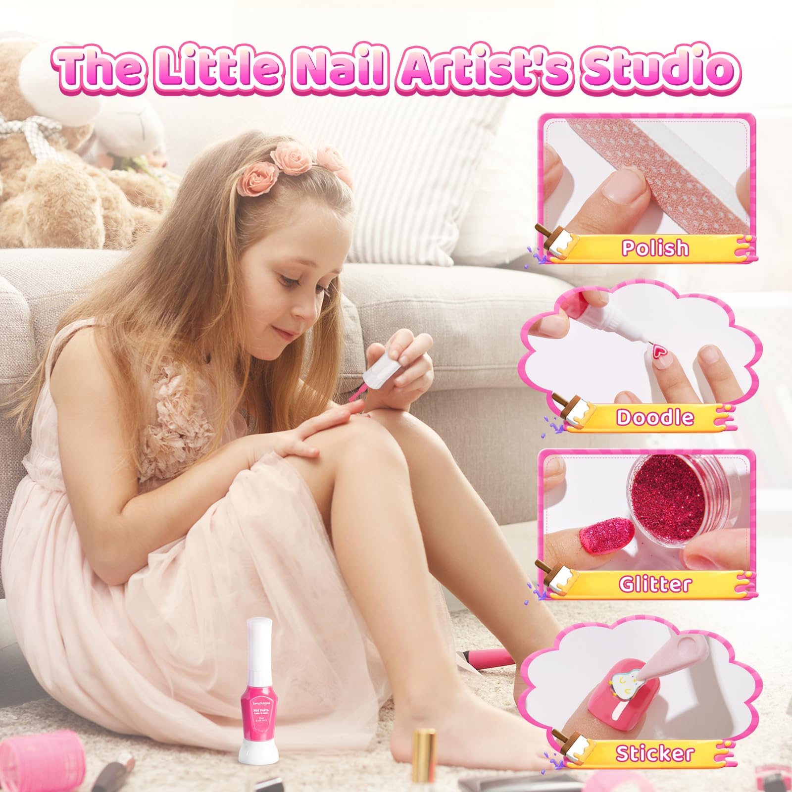 BUNNY BUBBLES Kids Nail Polish Kit – Water-Based Nail Pens, Glitter & 300 Stickers, Gift Set