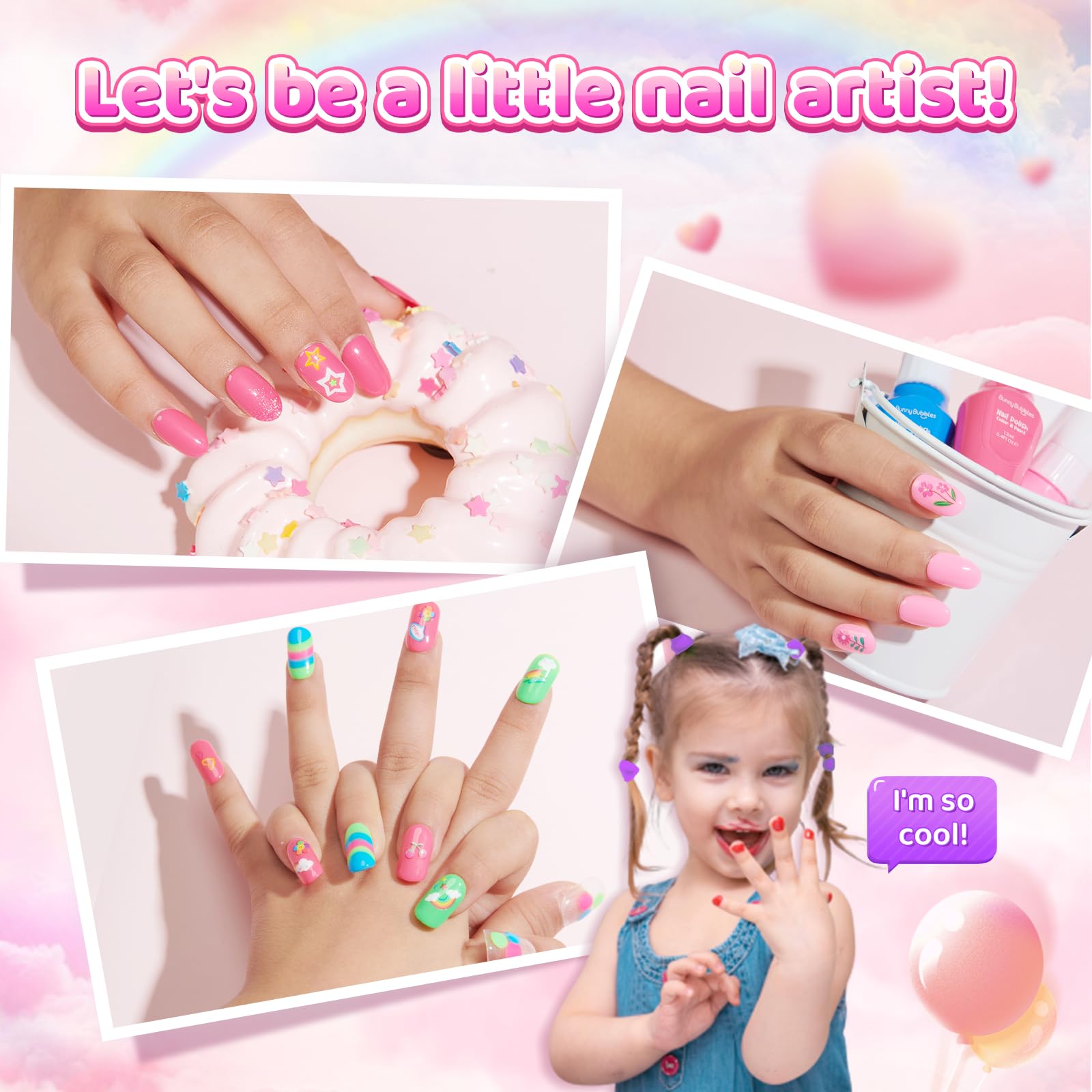 BUNNY BUBBLES Kids Nail Polish Kit – Water-Based Nail Pens, Glitter & 300 Stickers, Gift Set