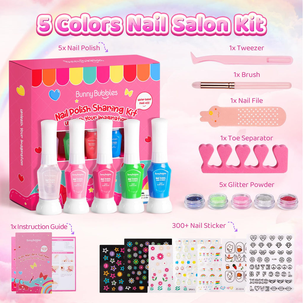 BUNNY BUBBLES Kids Nail Polish Kit – Water-Based Nail Pens, Glitter & 300 Stickers, Gift Set