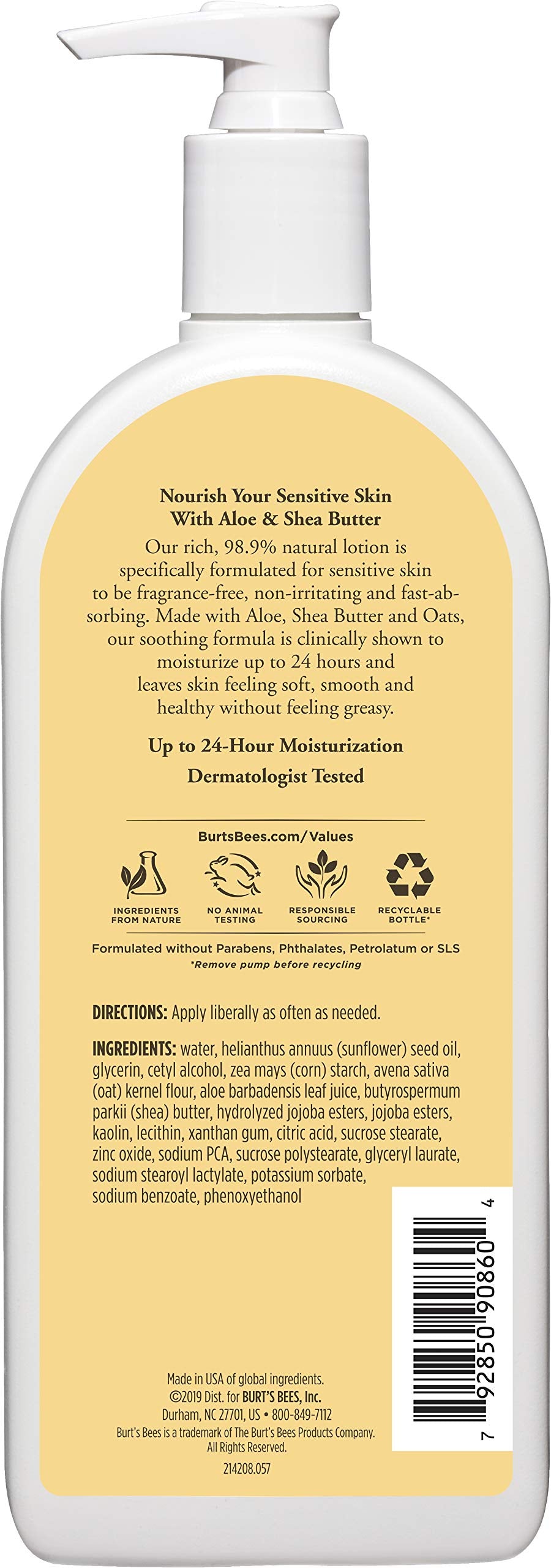 Burt's Bees Sensitive Skin Body Lotion with Aloe & Shea Butter – 12 Oz (Fragrance-Free)