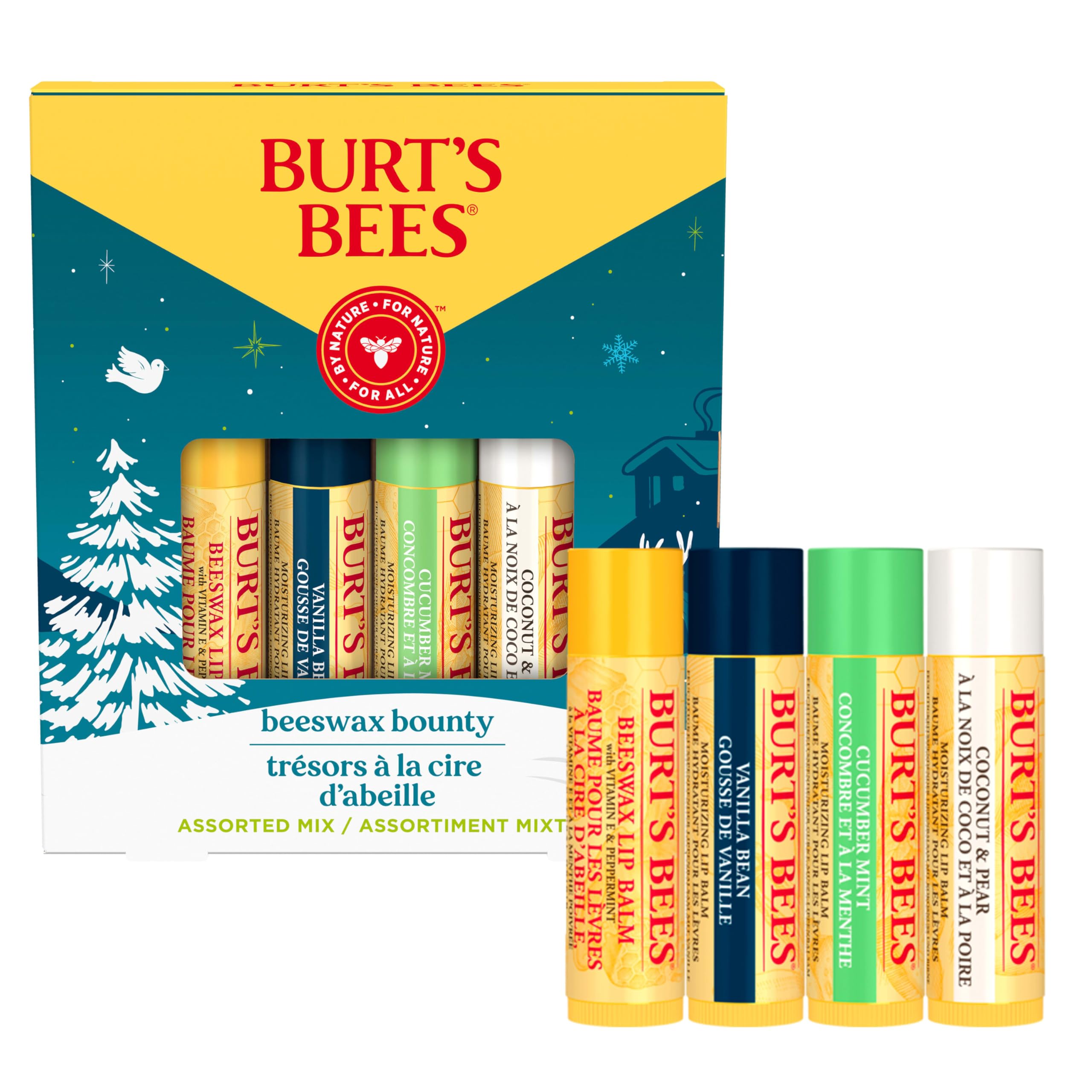 Burt's Bees Christmas Lip Balm Gift Set – Four Flavors: Beeswax, Vanilla Bean, Cucumber Mint & Coconut & Pear