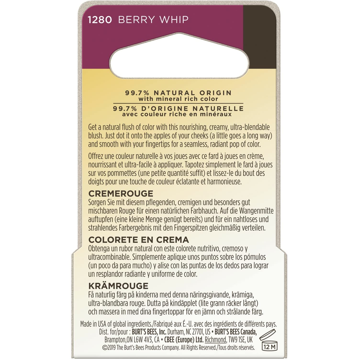 Burt's Bees Color Nurture Cream Blush – Berry Whip, Vitamin E, 0.25 oz