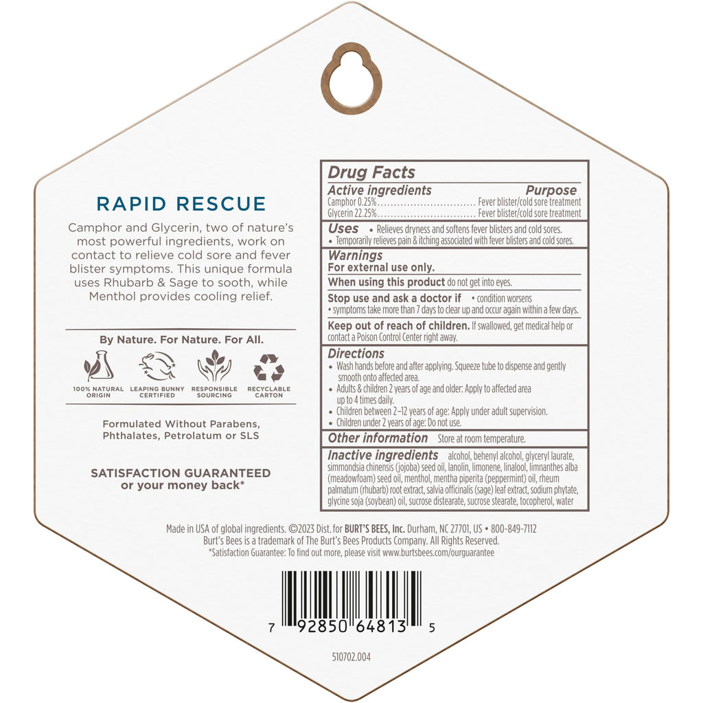 Burt's Bees Cold Sore Treatment with Rhubarb & Sage Complex | 0.07 oz | Natural Origin
