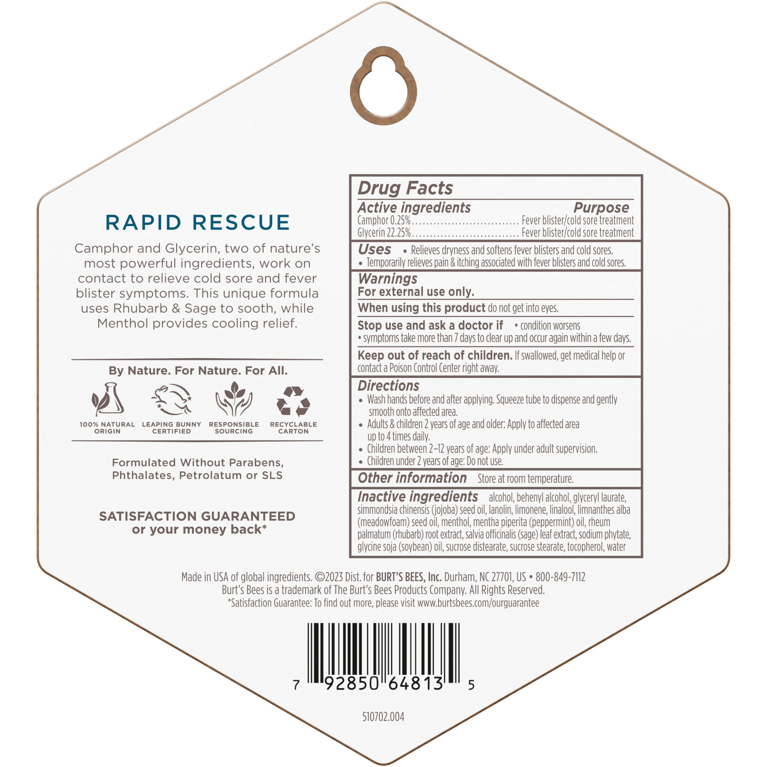 Burt's Bees Cold Sore Treatment with Rhubarb & Sage Complex | 0.07 oz | Natural Origin