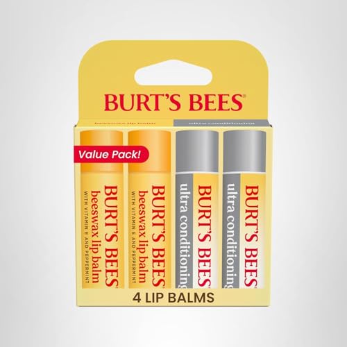 Burt's Bees Lip Balm Pack – Ultra Conditioning & Beeswax with Kokum & Shea Butter, 4 Tubes (0.15 oz)