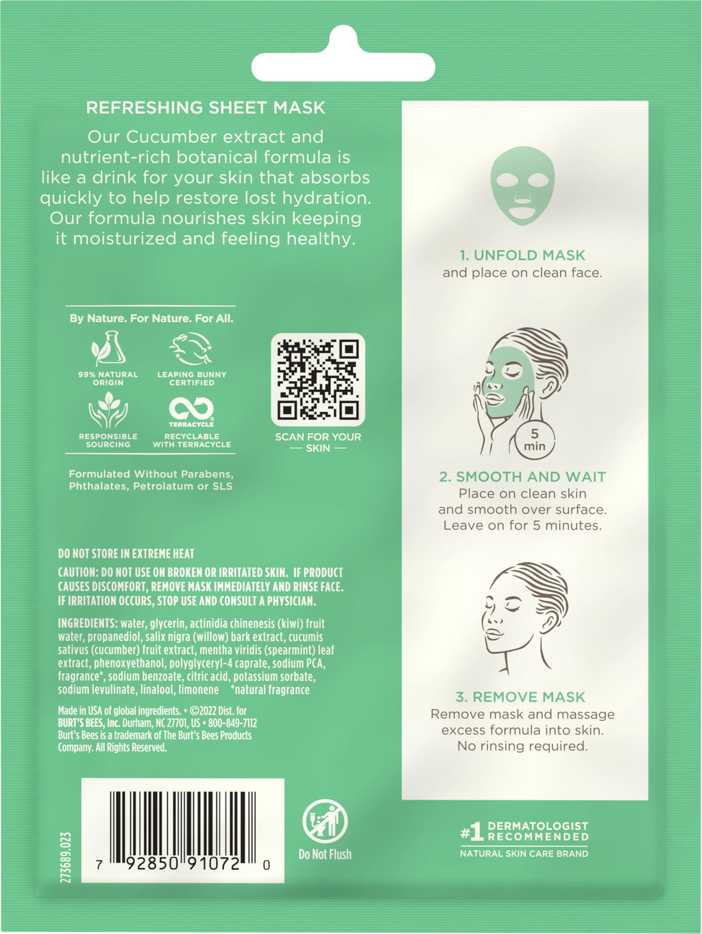 Burt's Bees Refreshing Sheet Mask with Cucumber – Pack of 6 | 99% Natural Origin, Leaping Bunny Certified