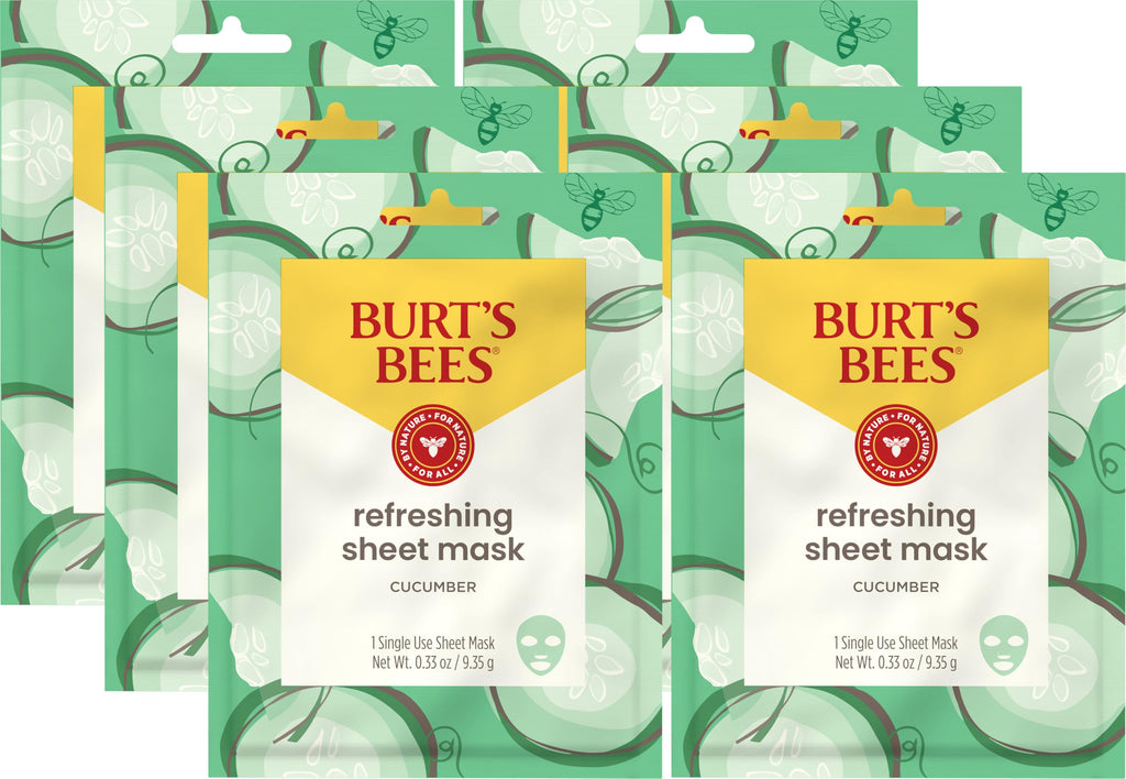 Burt's Bees Refreshing Sheet Mask with Cucumber – Pack of 6 | 99% Natural Origin, Leaping Bunny Certified
