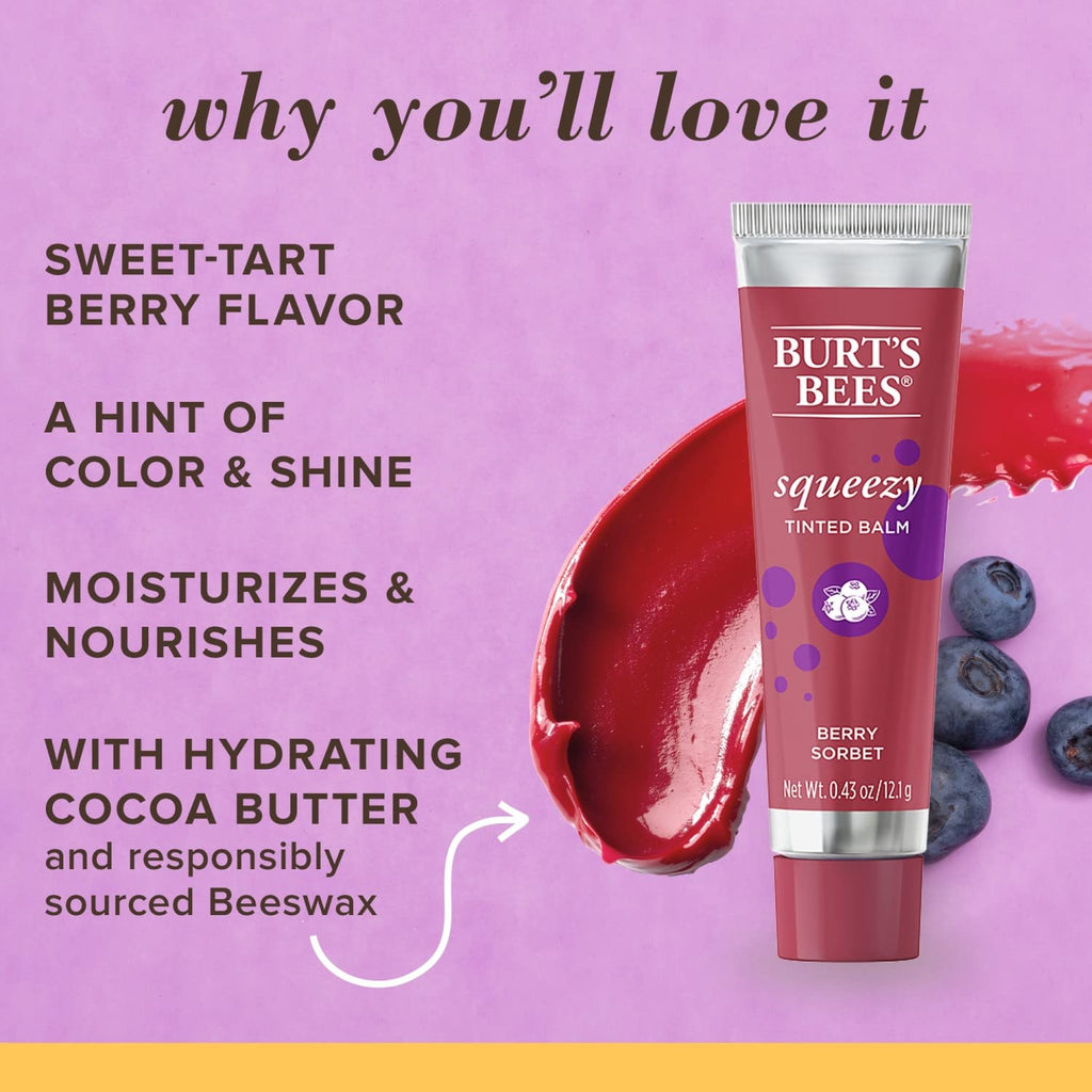 Burt's Bees Squeezy Tinted Lip Balm Berry Sorbet – 100% Natural Moisturizing Lip Color