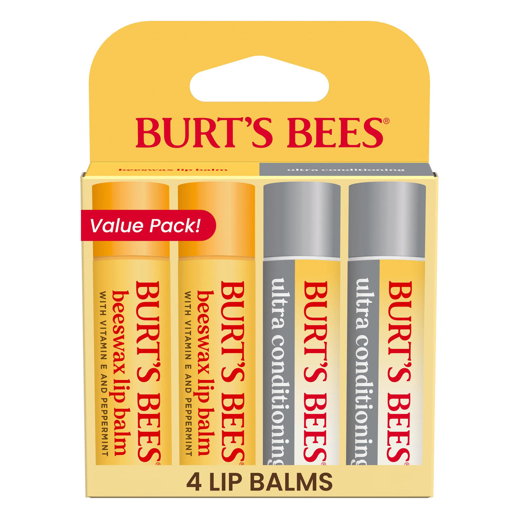 Burt's Bees Lip Balm Pack – Ultra Conditioning & Beeswax with Kokum & Shea Butter, 4 Tubes (0.15 oz)